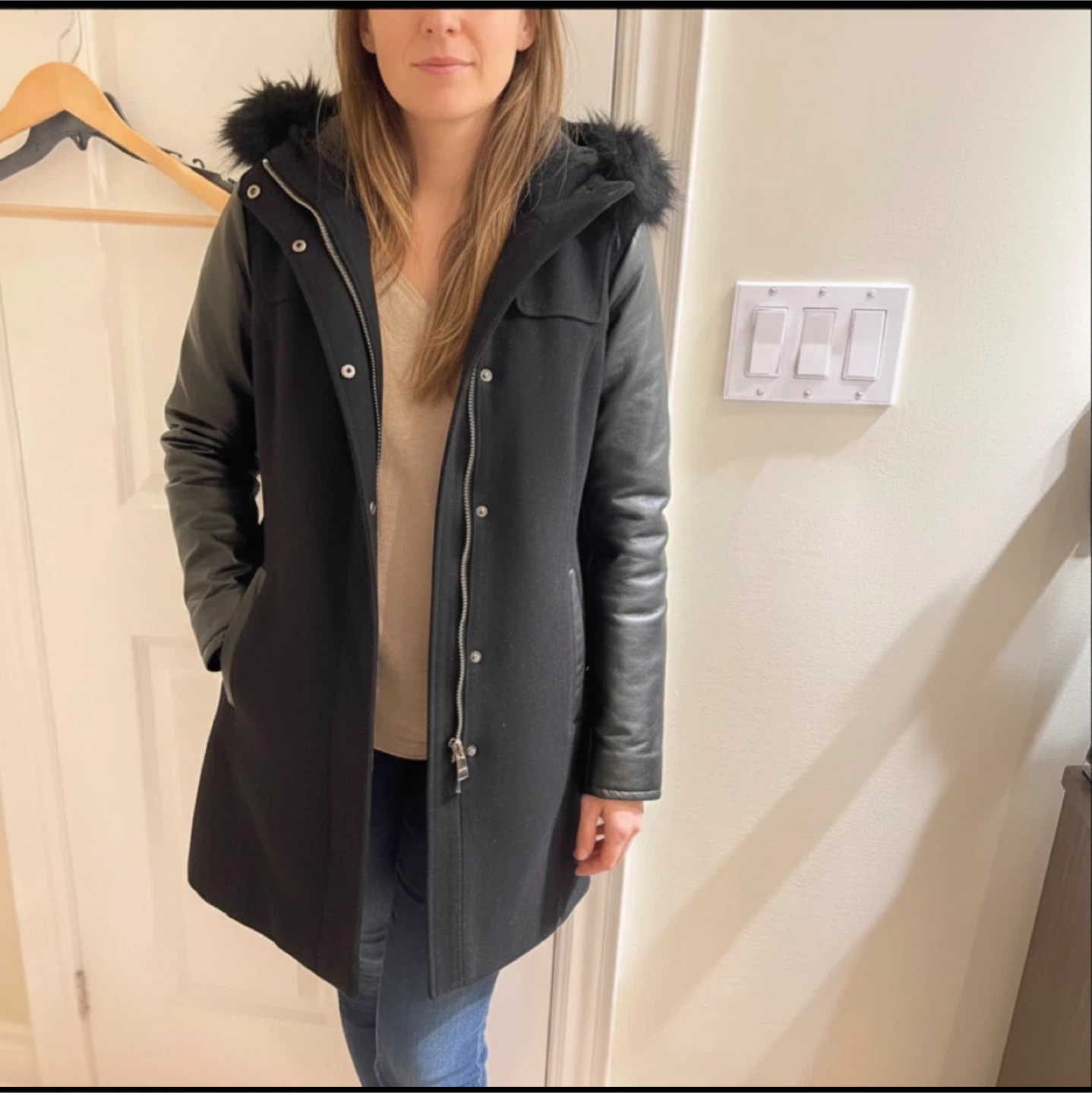 Rudsak Black Wool Blend Coat with Leather Sleeves and Fur Trim - photo 4