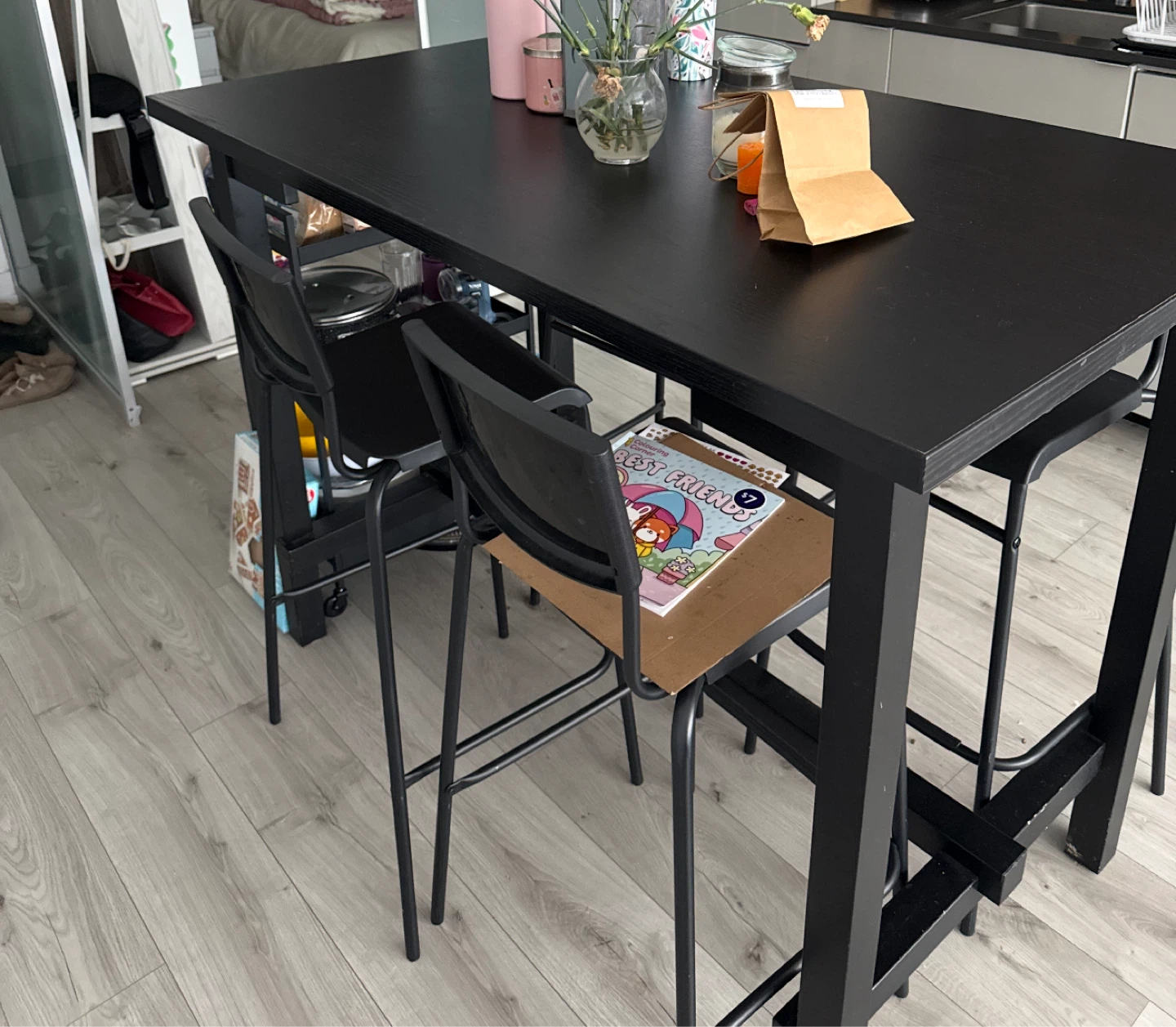 Black High Table with 4 Bar Stools