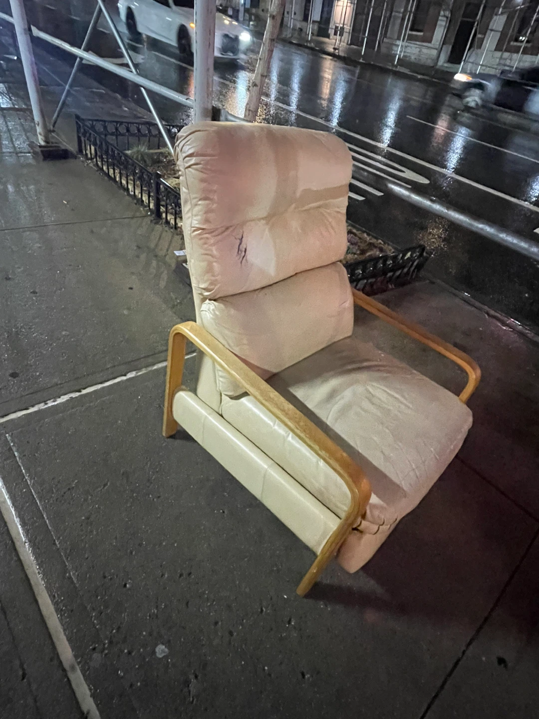 Cream Leather Armchair with Wood Frame