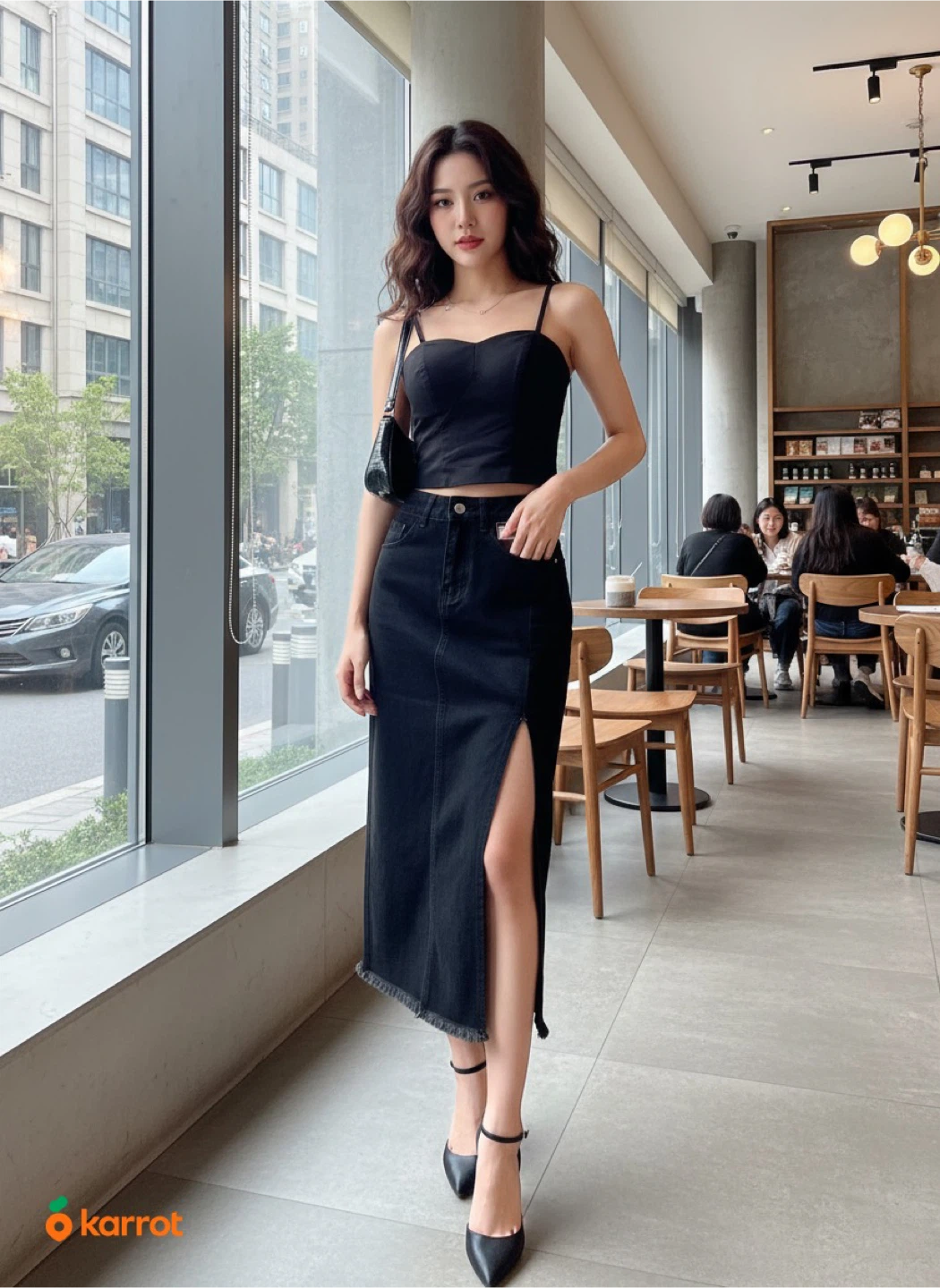 Black Guess Corset Top and Midi Skirt Set