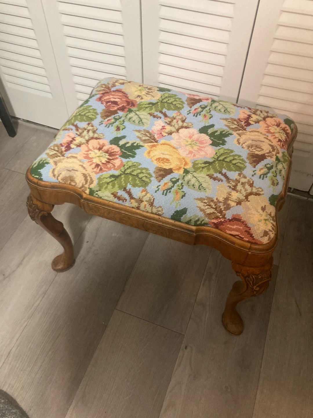Vintage Floral Needlepoint Footstool