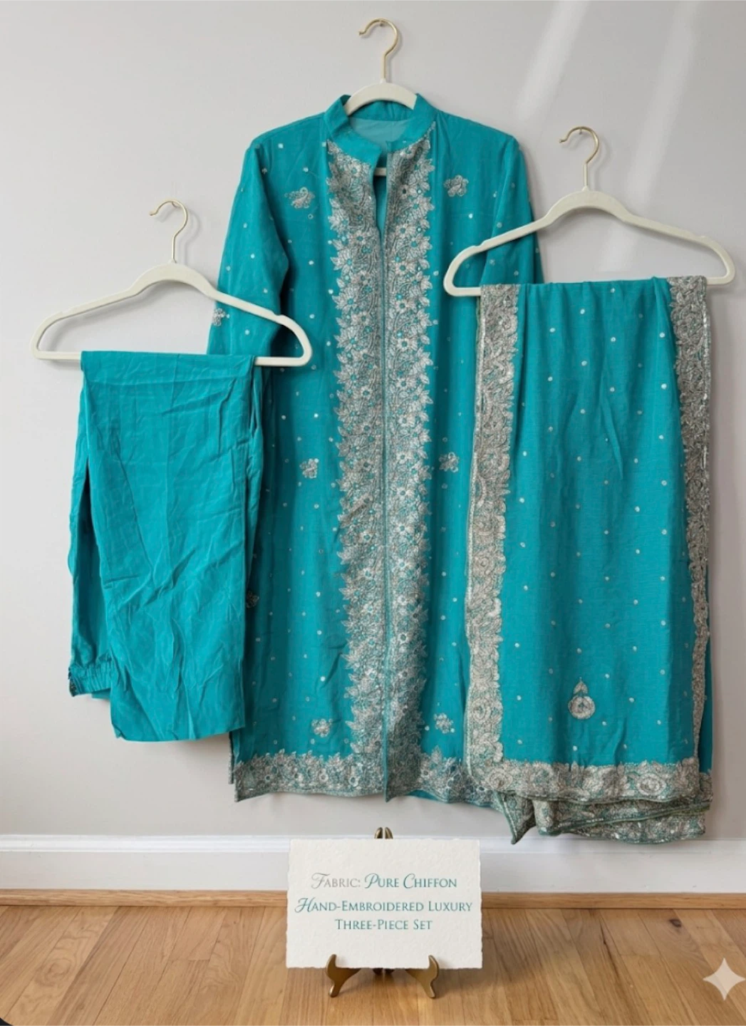 Hand-Embroidered Luxury Chiffon Three-Piece Set - Teal