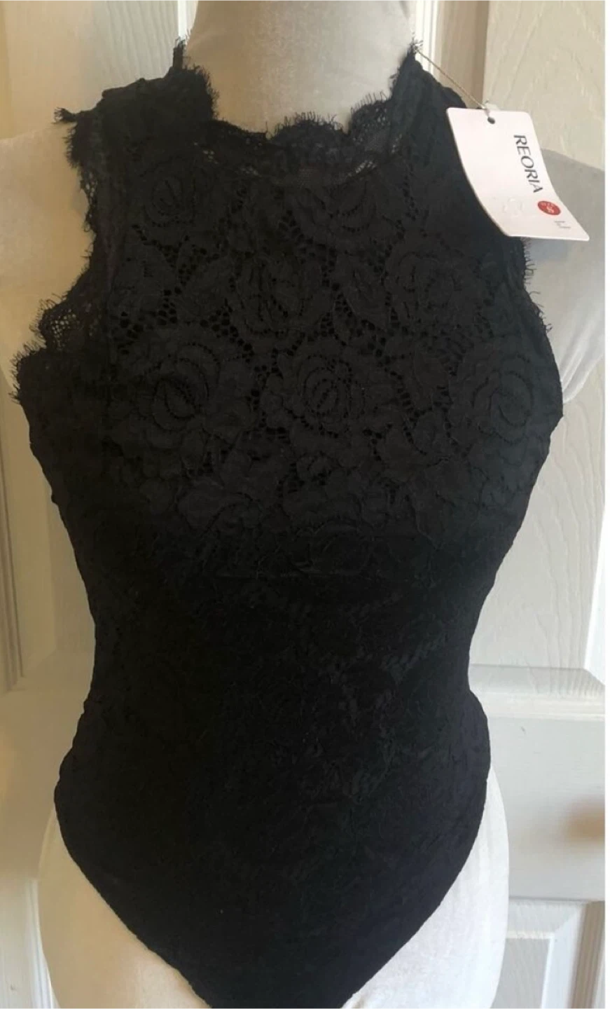 REORIA Black Lace Halter Bodysuit