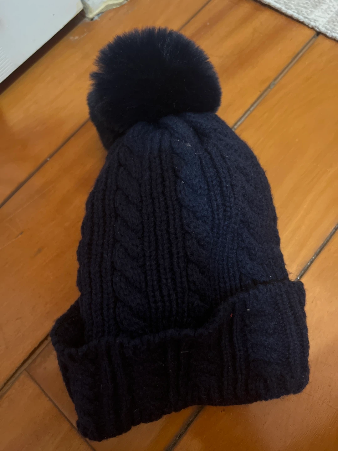 Navy Cable Knit Beanie with Faux Fur Pom Pom