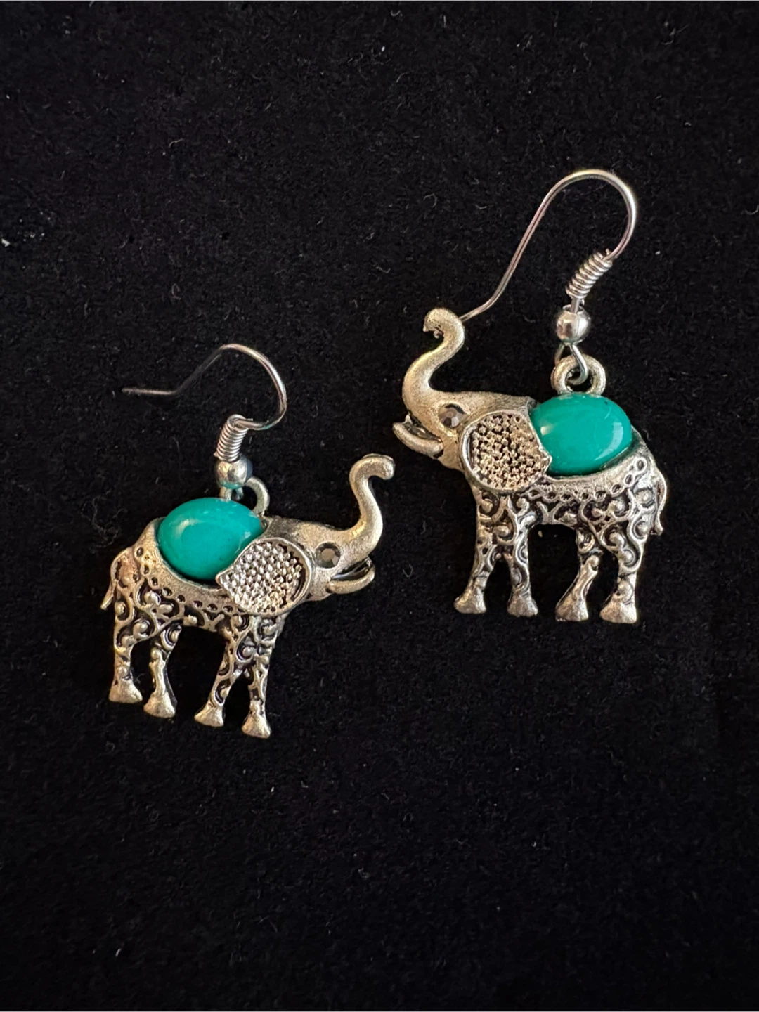 Silver tone  Elephant Earrings with Turquoise like Stones