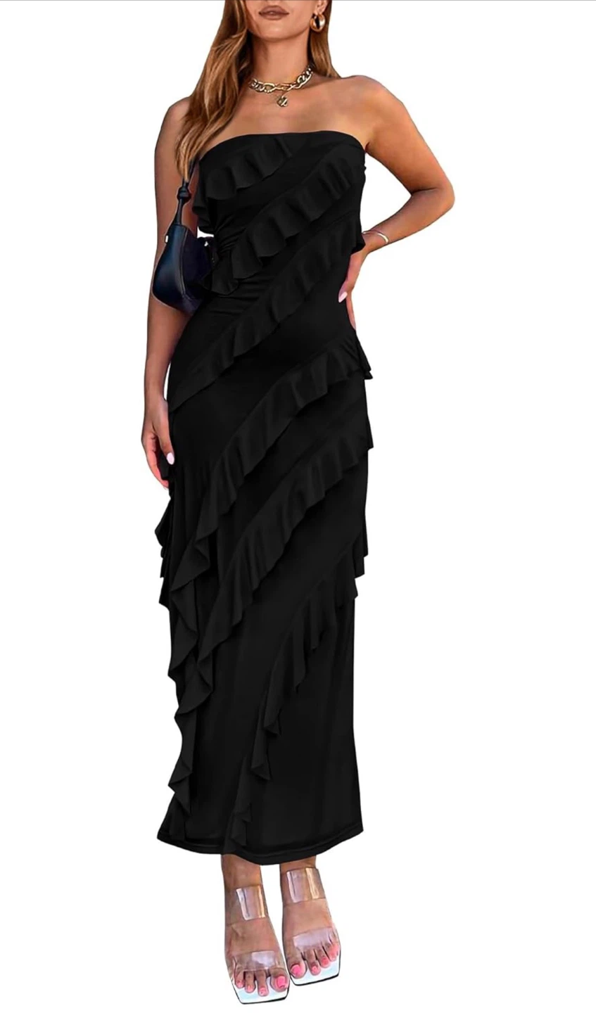 NEW! Black Strapless Mesh Ruffle Maxi Dress