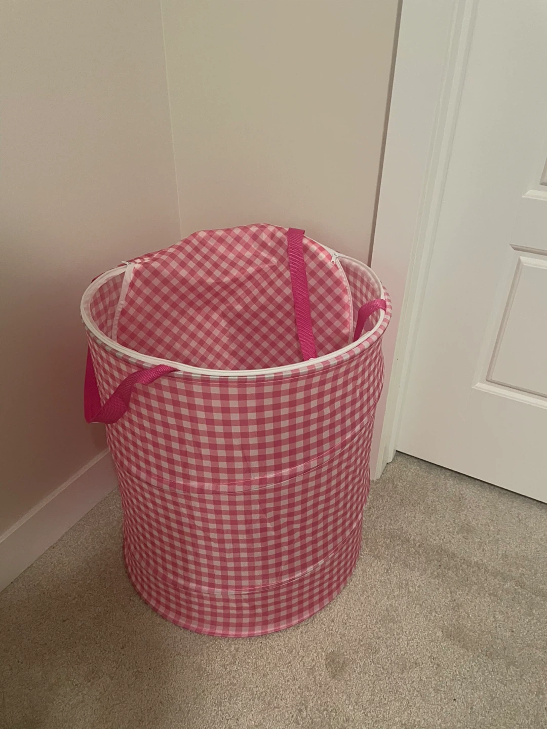 Pink Gingham Laundry Hamper with Lid