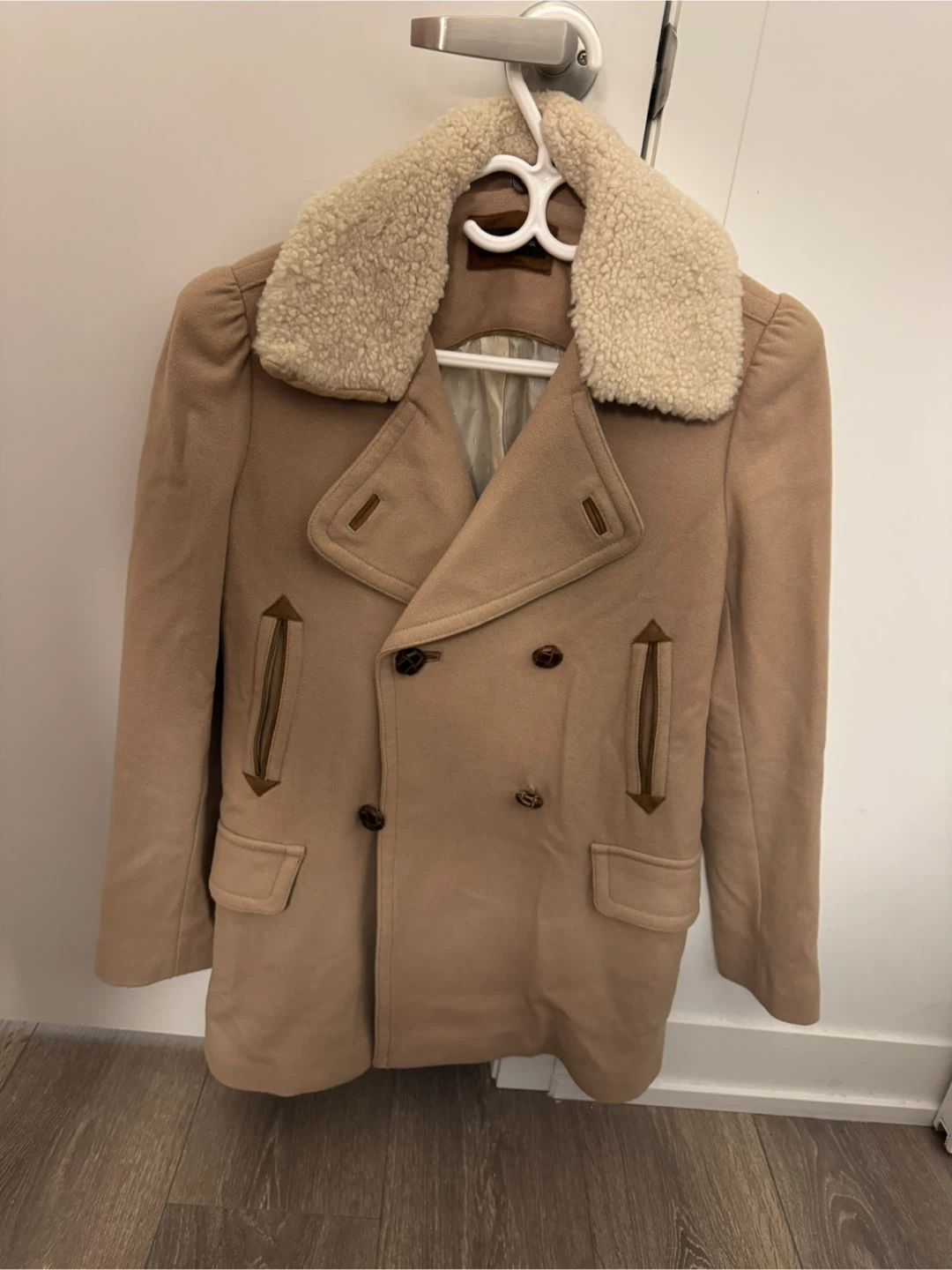 Massimo Dutti Camel Double-Breasted Coat with Sherpa Collar