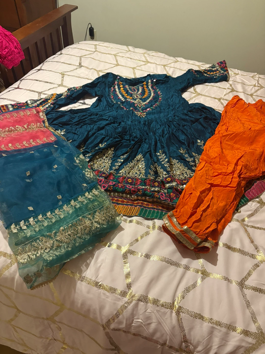 Teal Embroidered Anarkali Suit with Orange Pants and Dupatta
