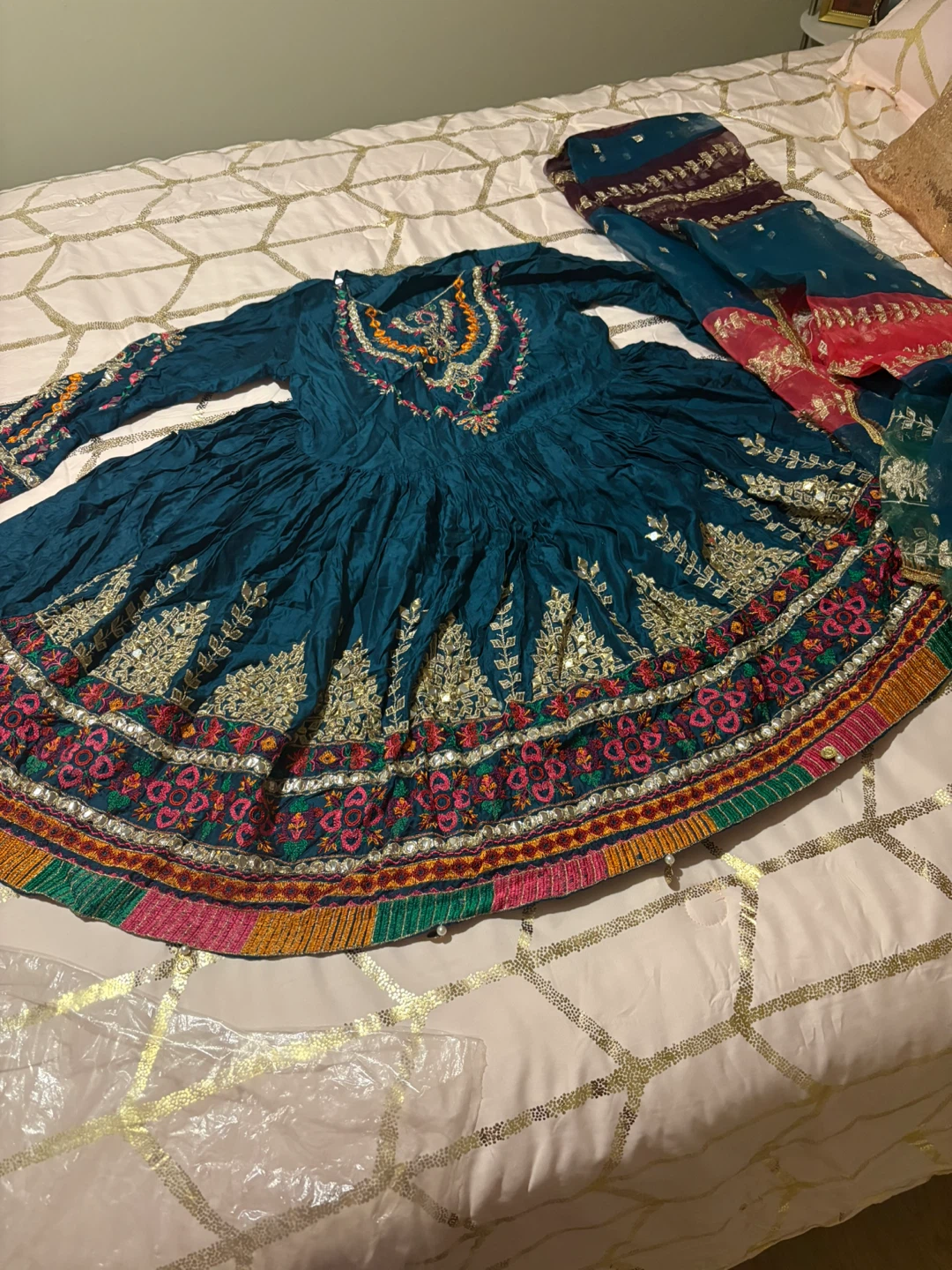 Teal Embroidered Anarkali Suit with Orange Pants and Dupatta - photo 2