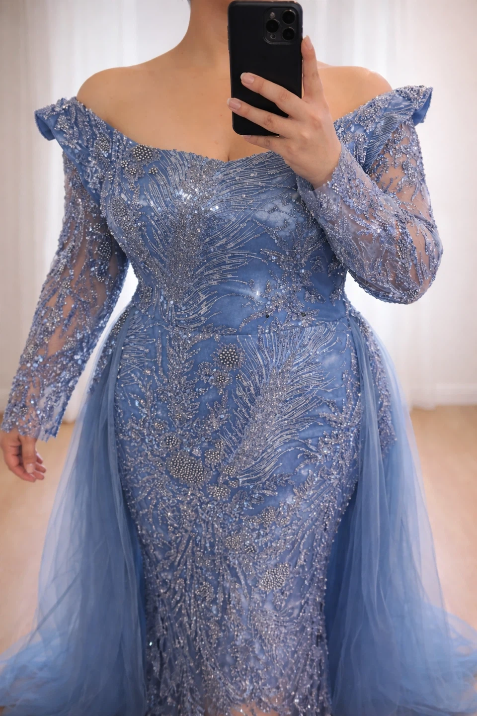 Stunning Blue Beaded Gown with Tulle Overlay