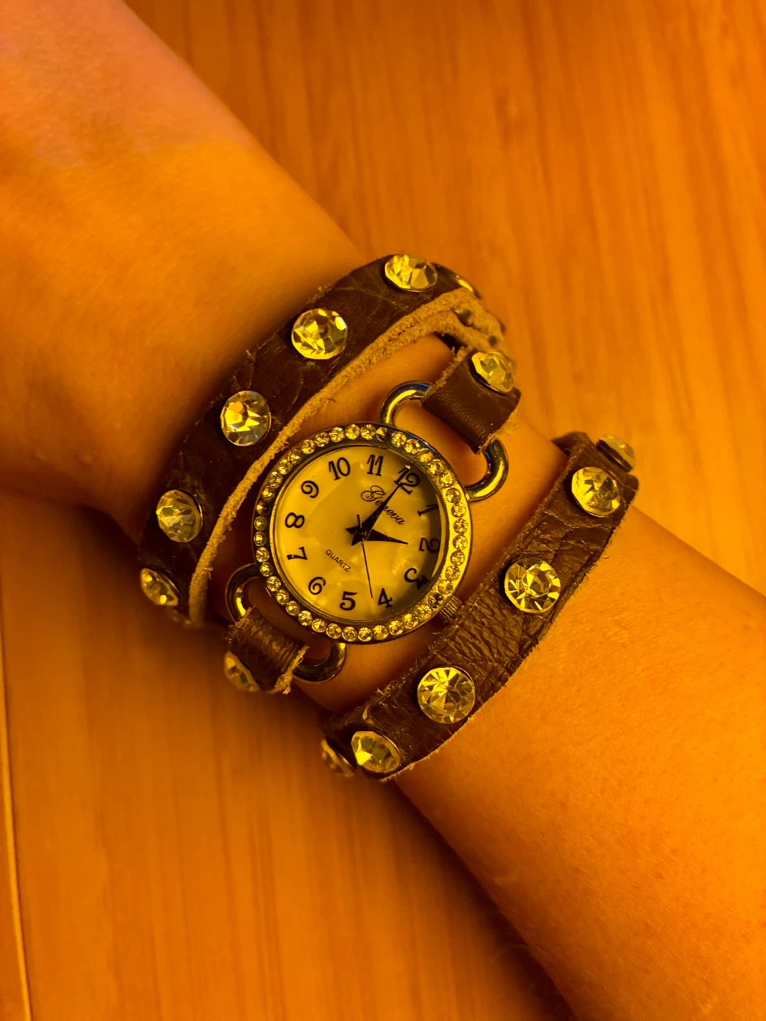 Geneva wrap around leather wrist band with rhinestones