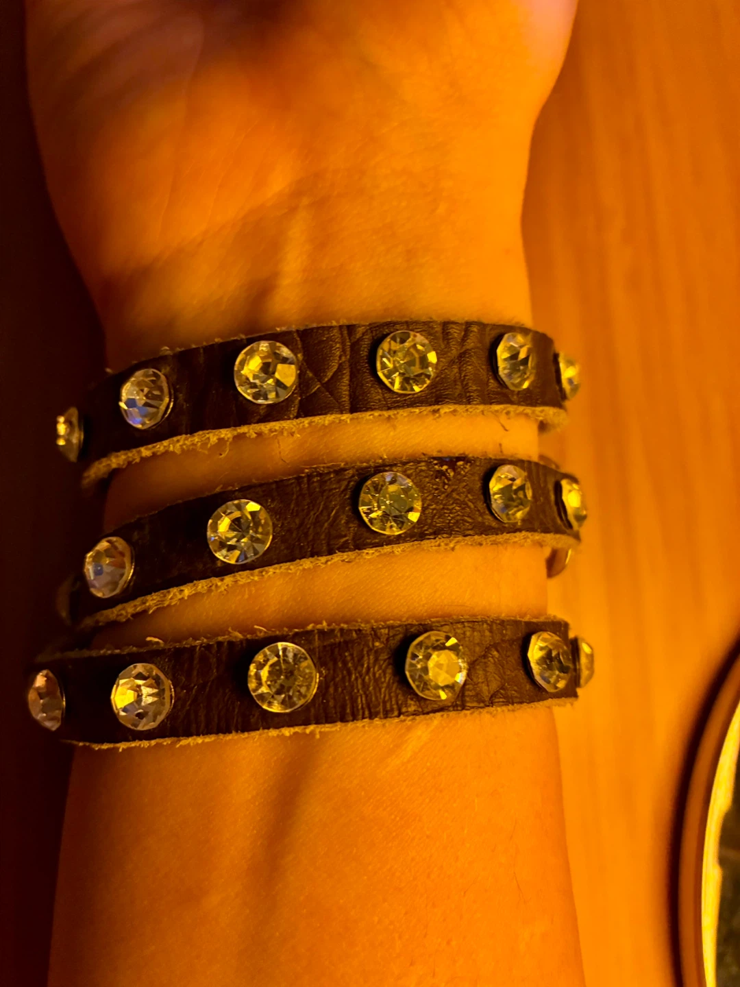 Geneva wrap around leather wrist band with rhinestones - photo 2