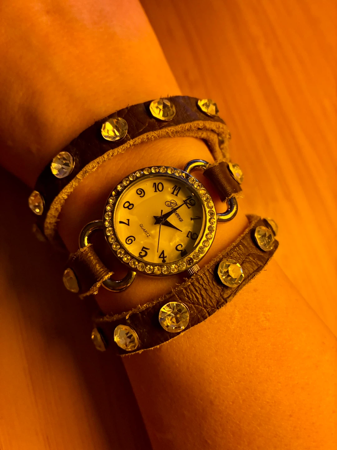 Geneva wrap around leather wrist band with rhinestones - photo 3