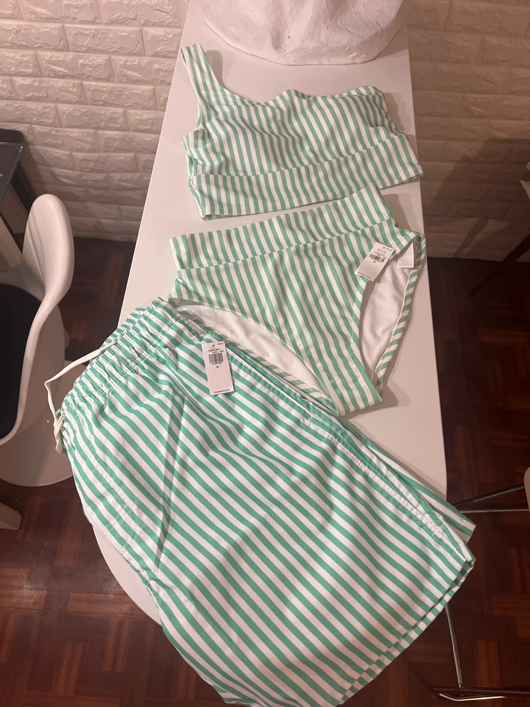 Striped Bikini Set and Swim Trunks
