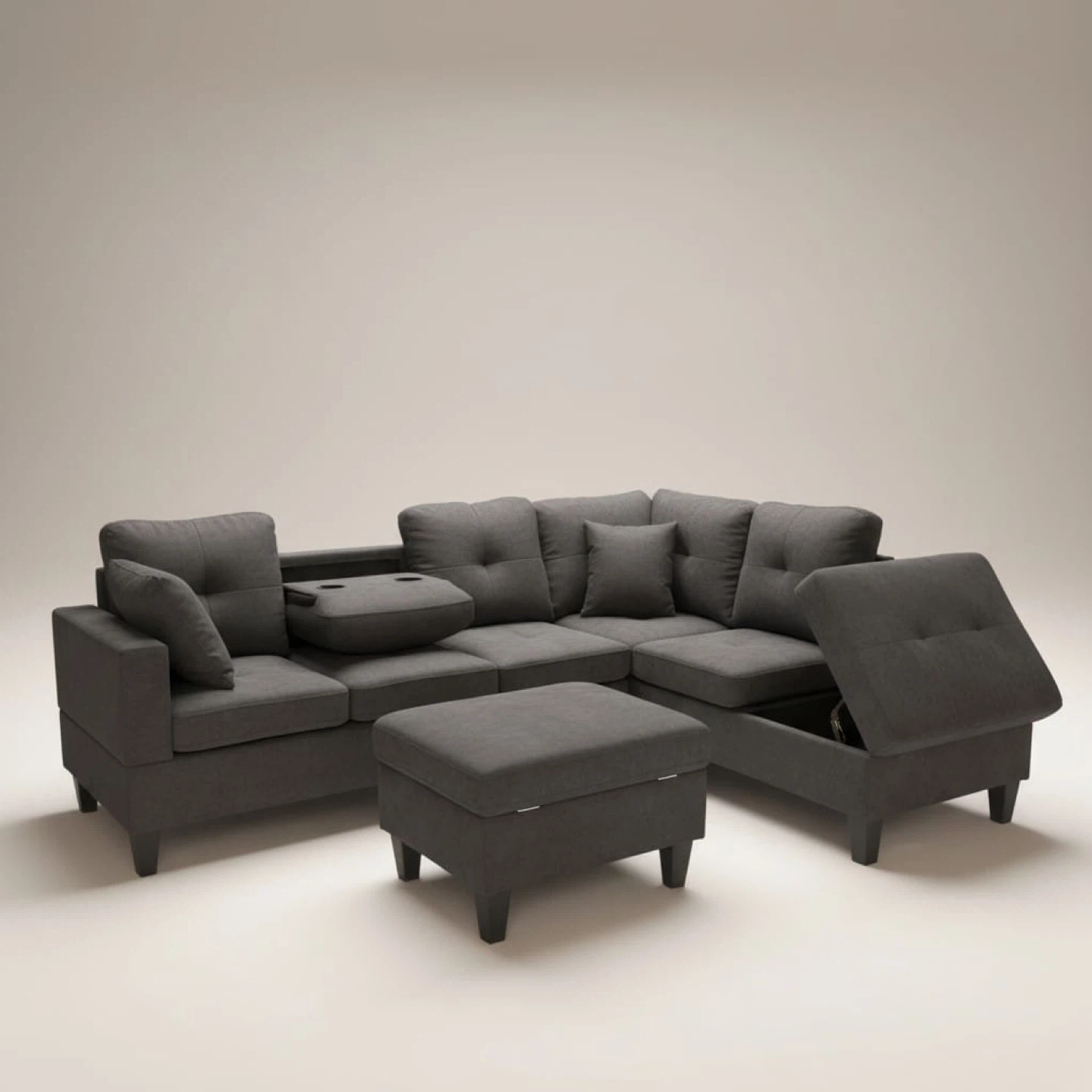Sectional Sofa with Storage Ottoman and Cup Holder