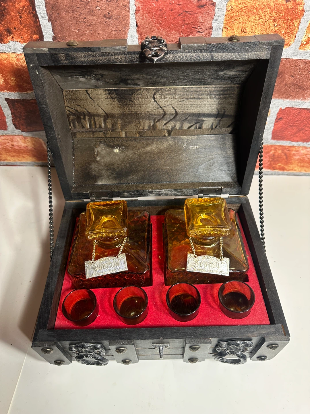 VTG Wooden Treasure Chest Decanter Set with Glasses - photo 5