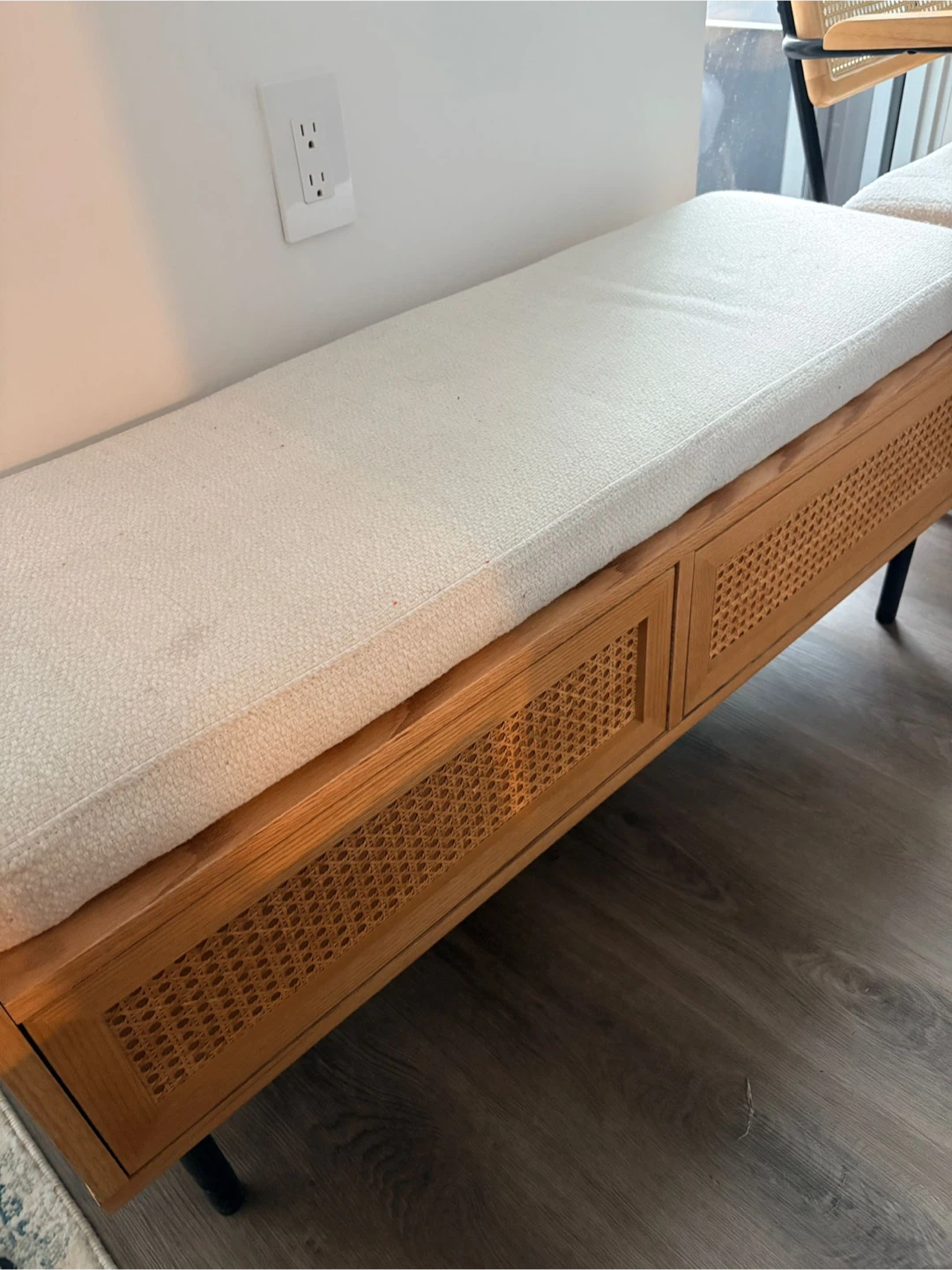 Wooden Bench with Rattan Detailing and Cream Cushion