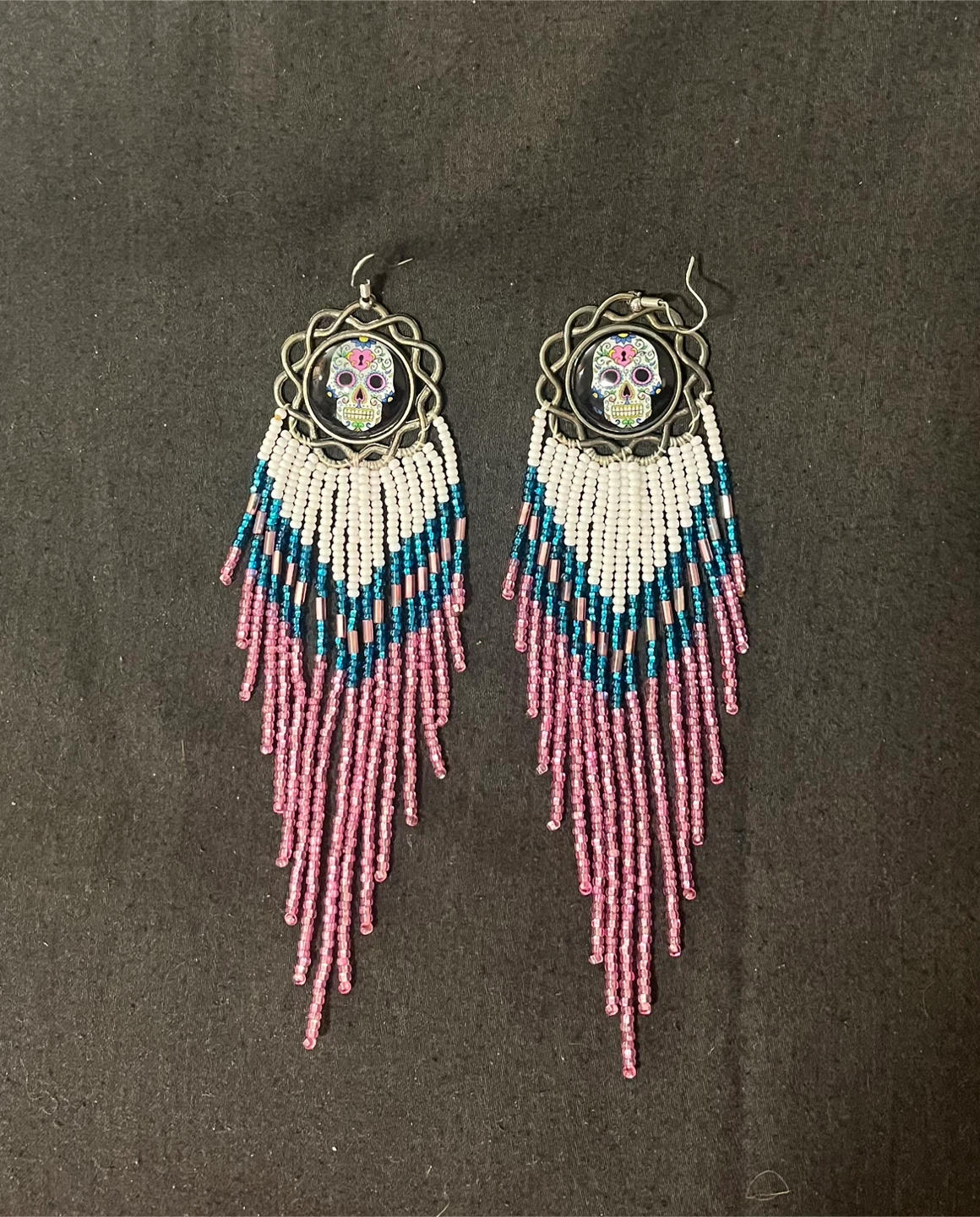 Sugar Skull Beaded Fringe Earrings
