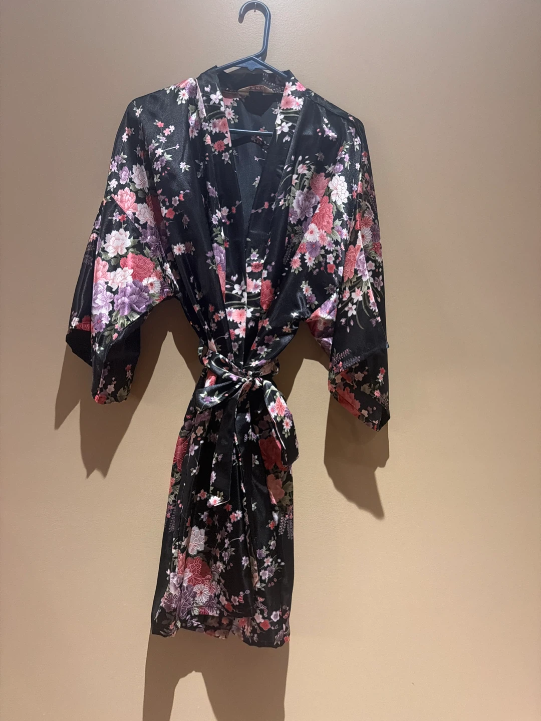 Black Floral Satin Kimono Robe