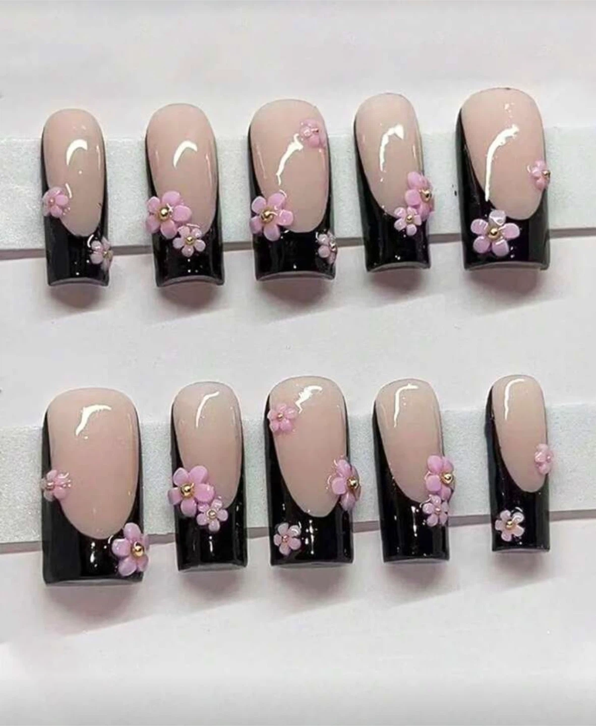 Press-On Nails - Black French Tip with Pink Flowers