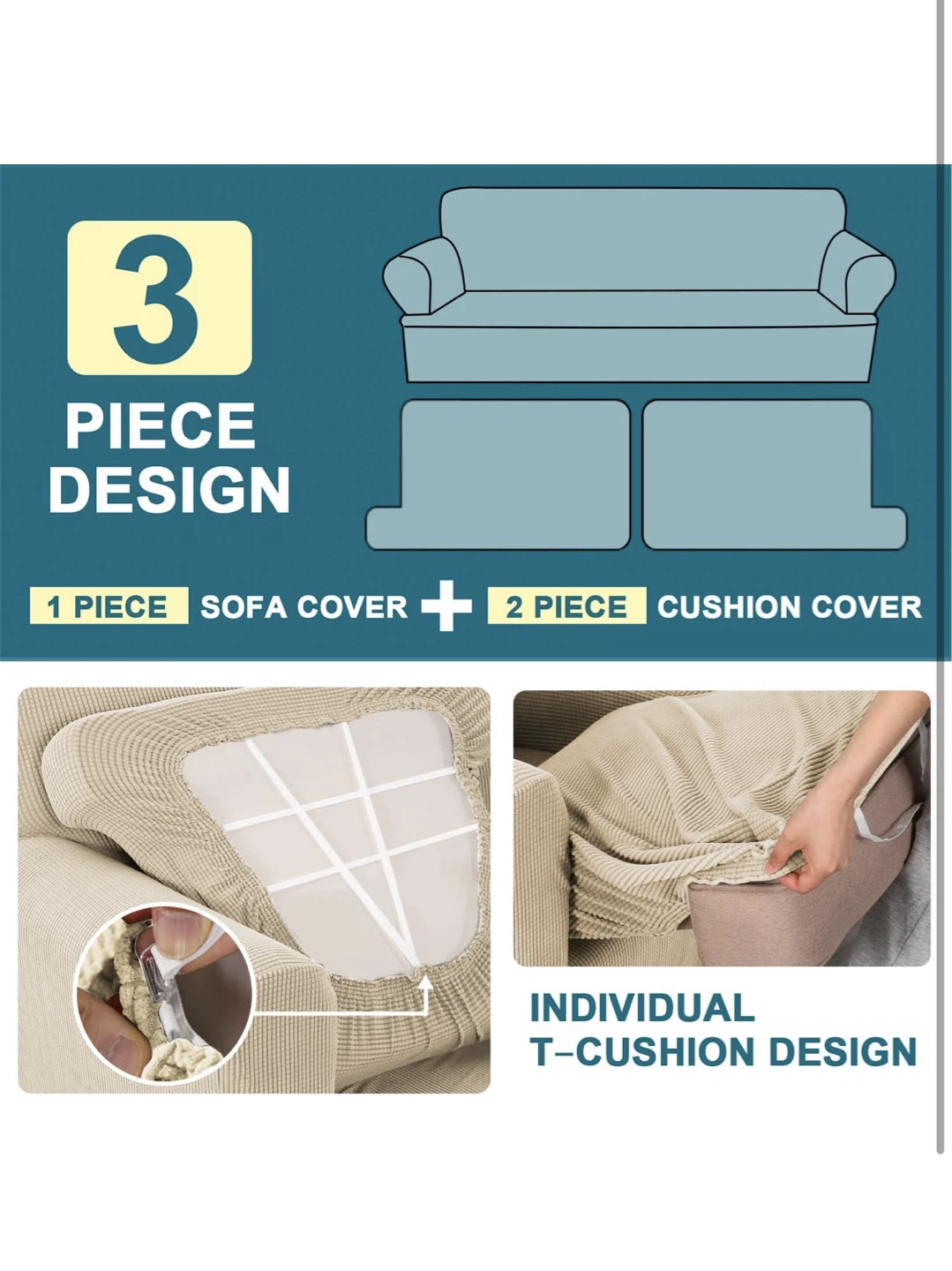 Turquoize 3 Pieces Sofa Covers T Cushion Sofa - photo 3