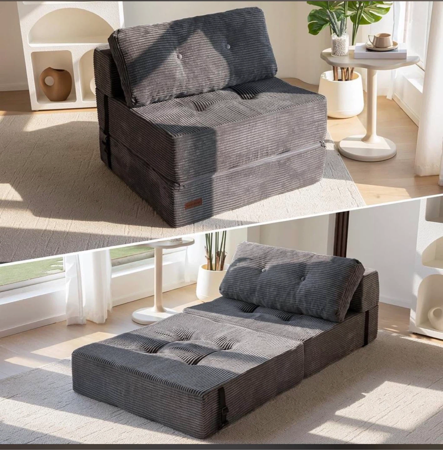 Gray Corduroy Foldable Chair/Bed