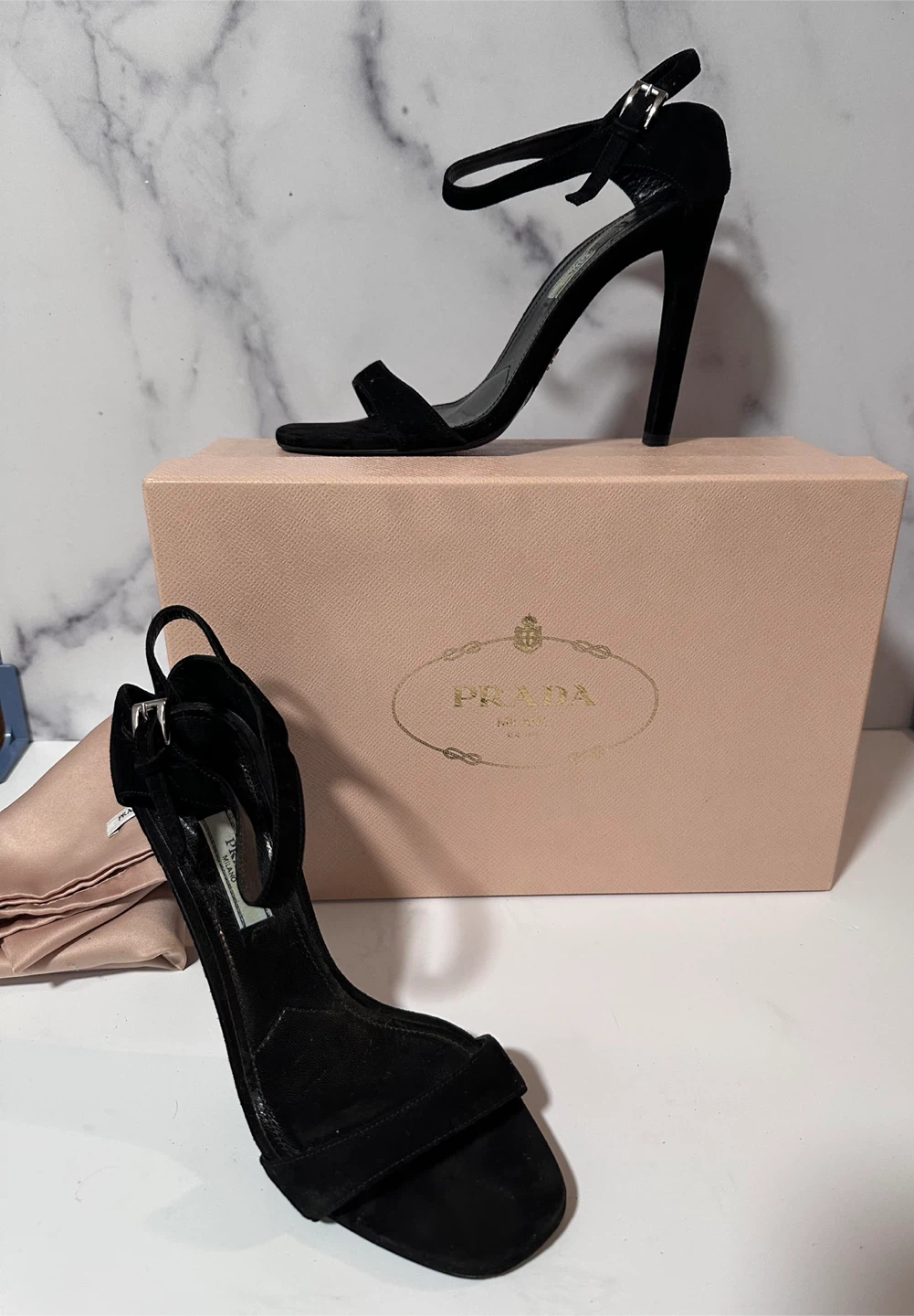 Prada Black Suede Ankle Strap Stiletto Heels