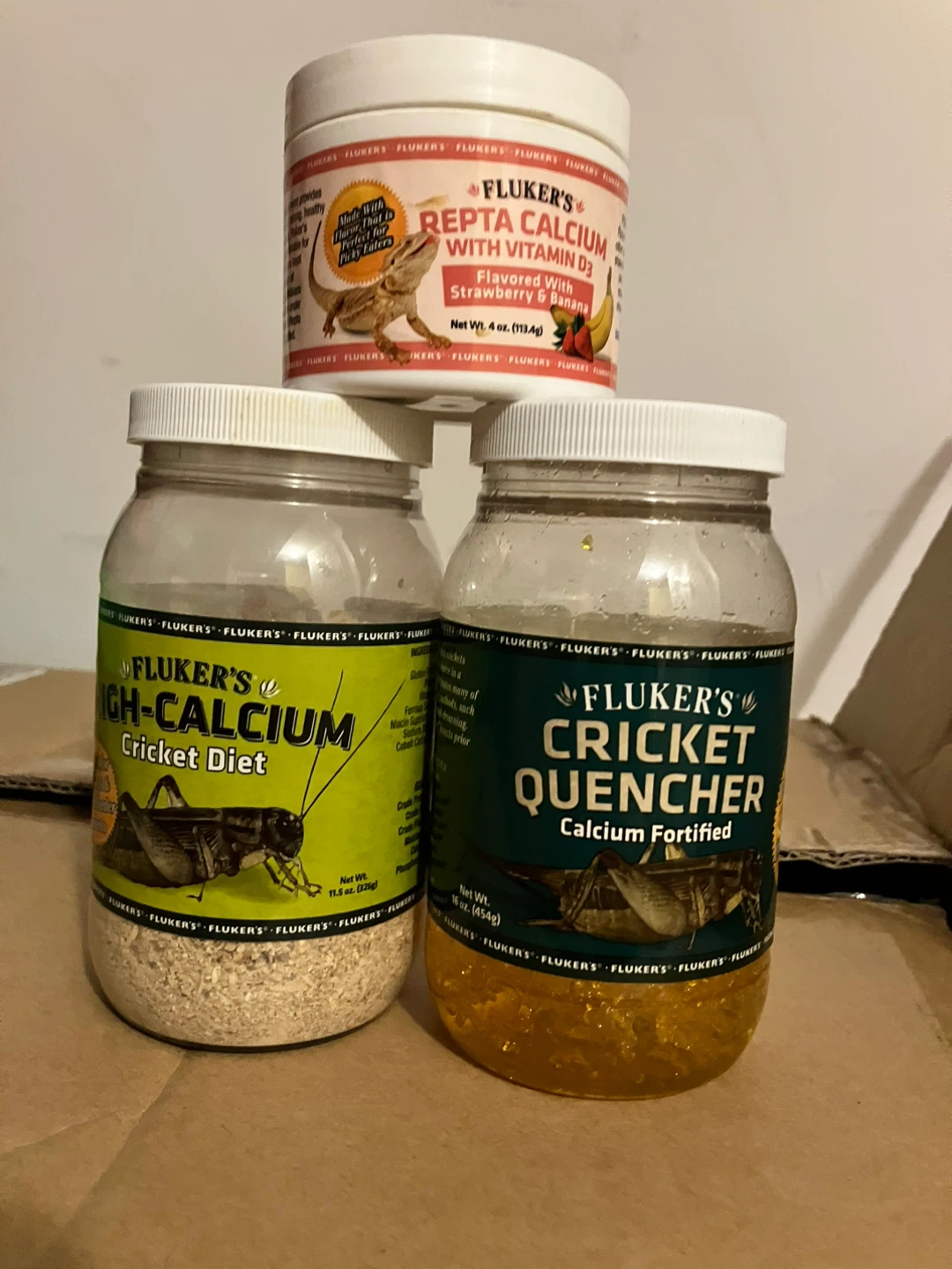 Fluker's Repta Calcium, Cricket Diet, and Cricket Quencher