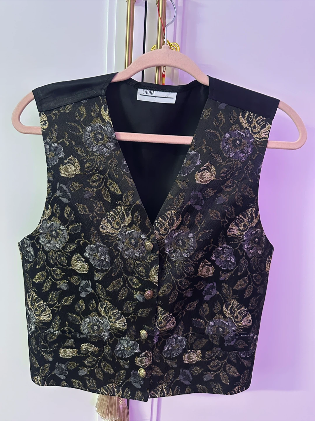 LAURA Black Metallic Floral Brocade Vest Size 12