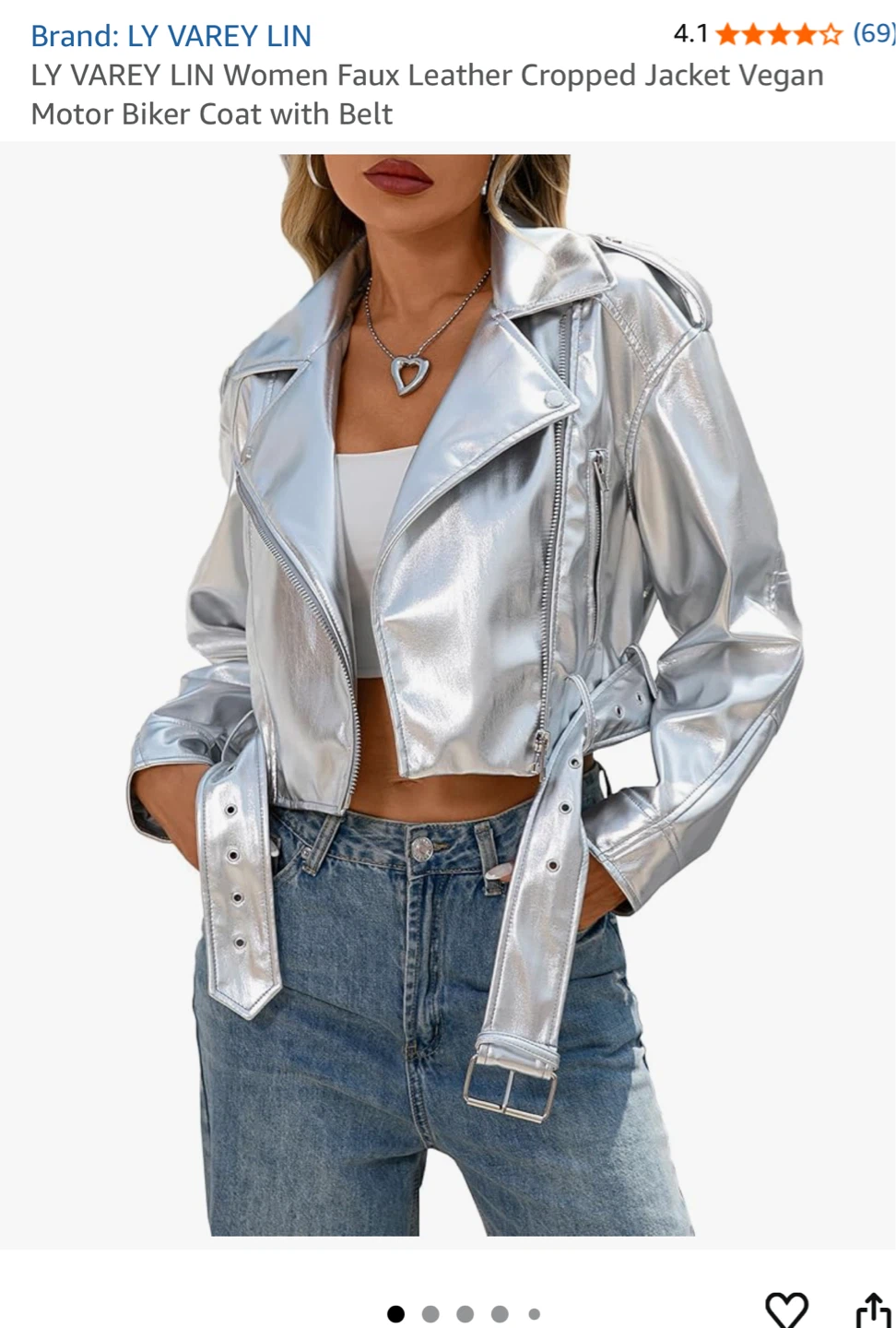 LY VAREY LIN Silver Faux Leather Cropped Biker Jacket with Belt