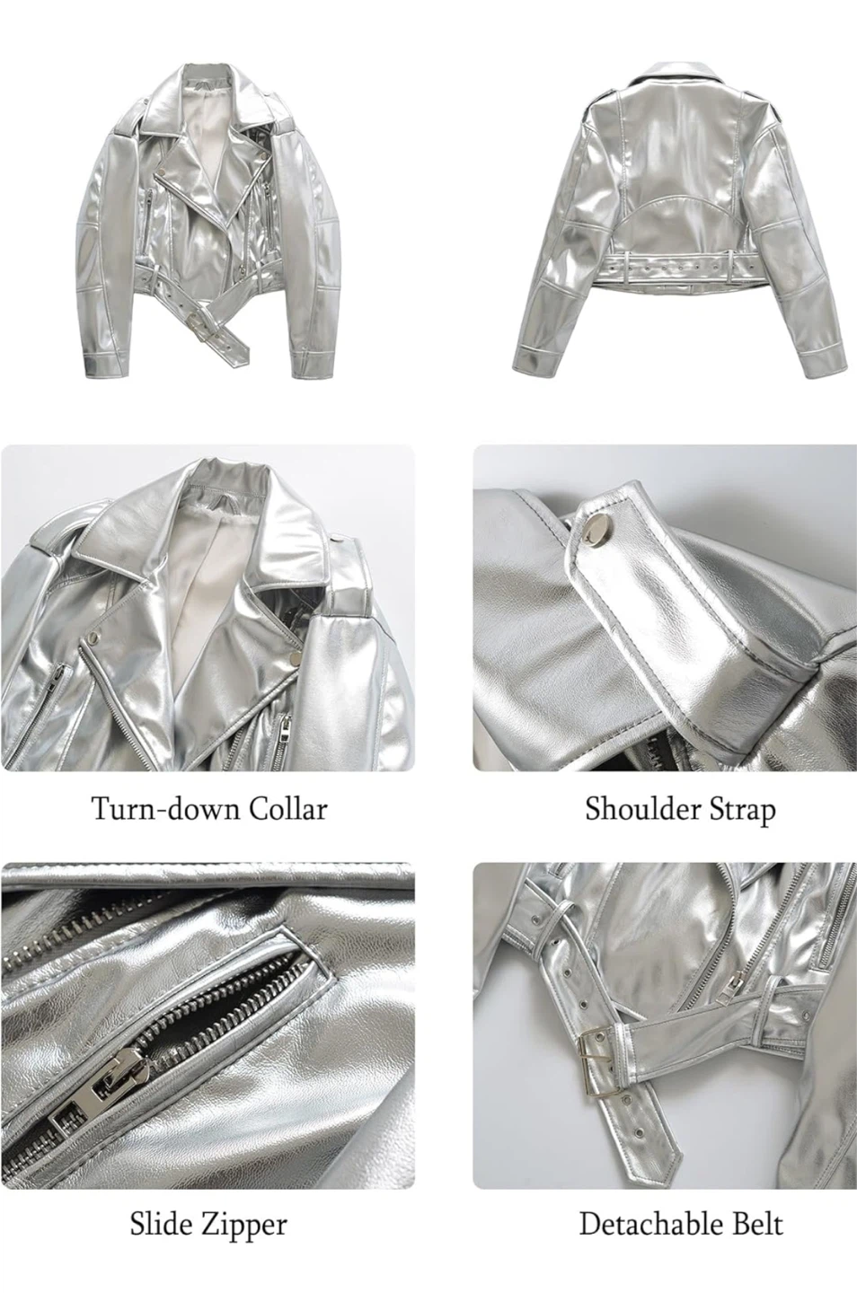 LY VAREY LIN Silver Faux Leather Cropped Biker Jacket with Belt - photo 3
