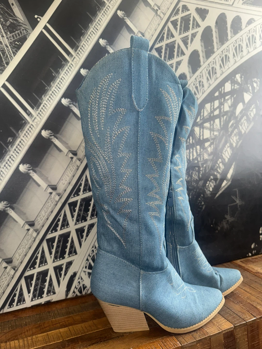 Blue Denim Western Wedge Boots - photo 2