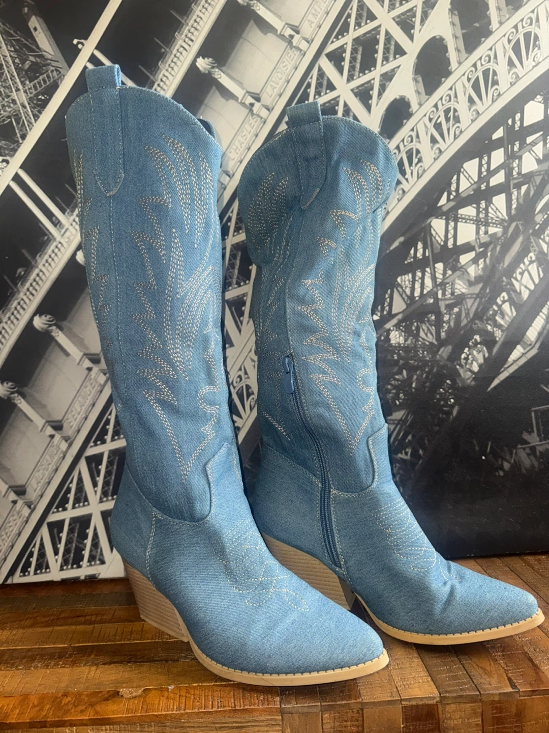 Blue Denim Western Wedge Boots