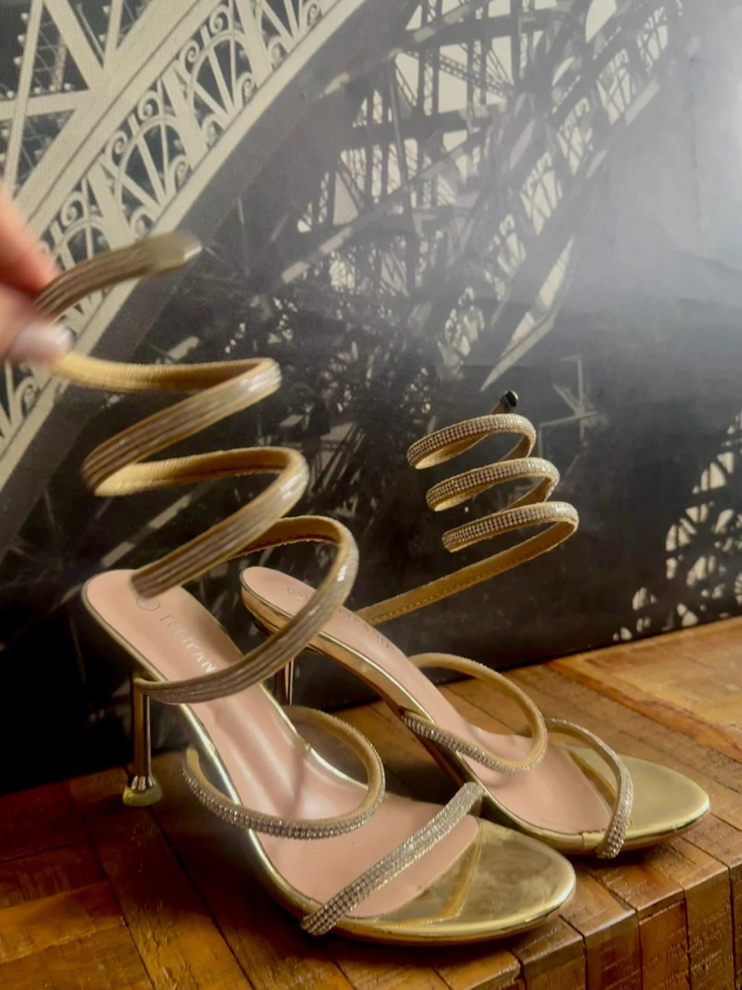 Gold Spiral Heeled Sandals with Rhinestones