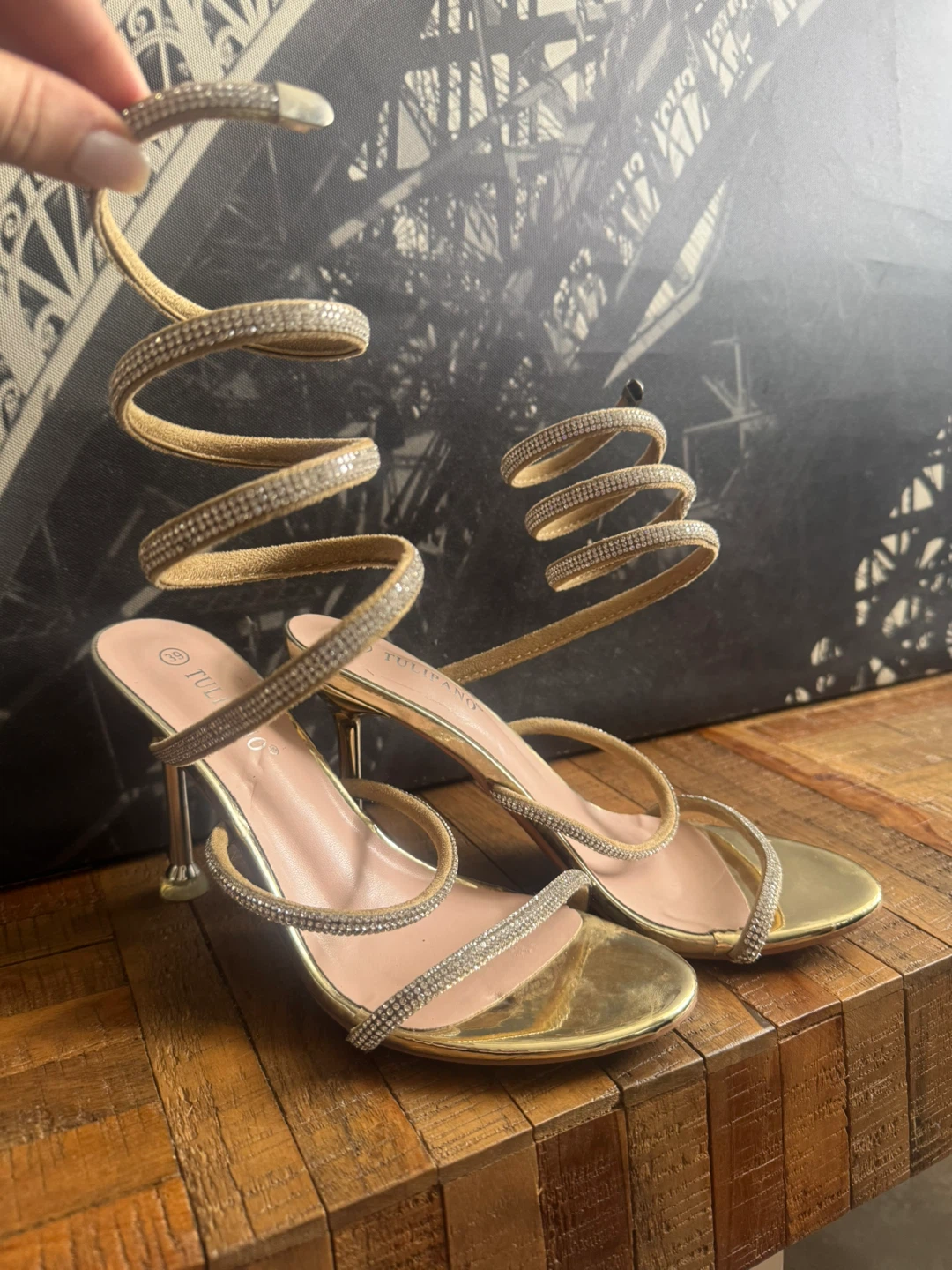 Gold Spiral Heeled Sandals with Rhinestones - photo 2