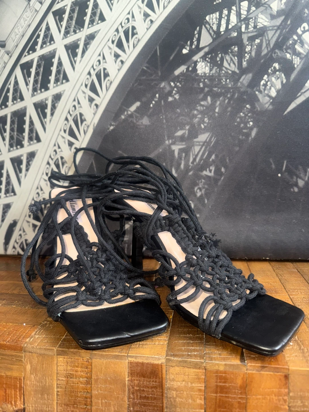 Black Macrame Lace-Up Heeled Sandals - photo 2