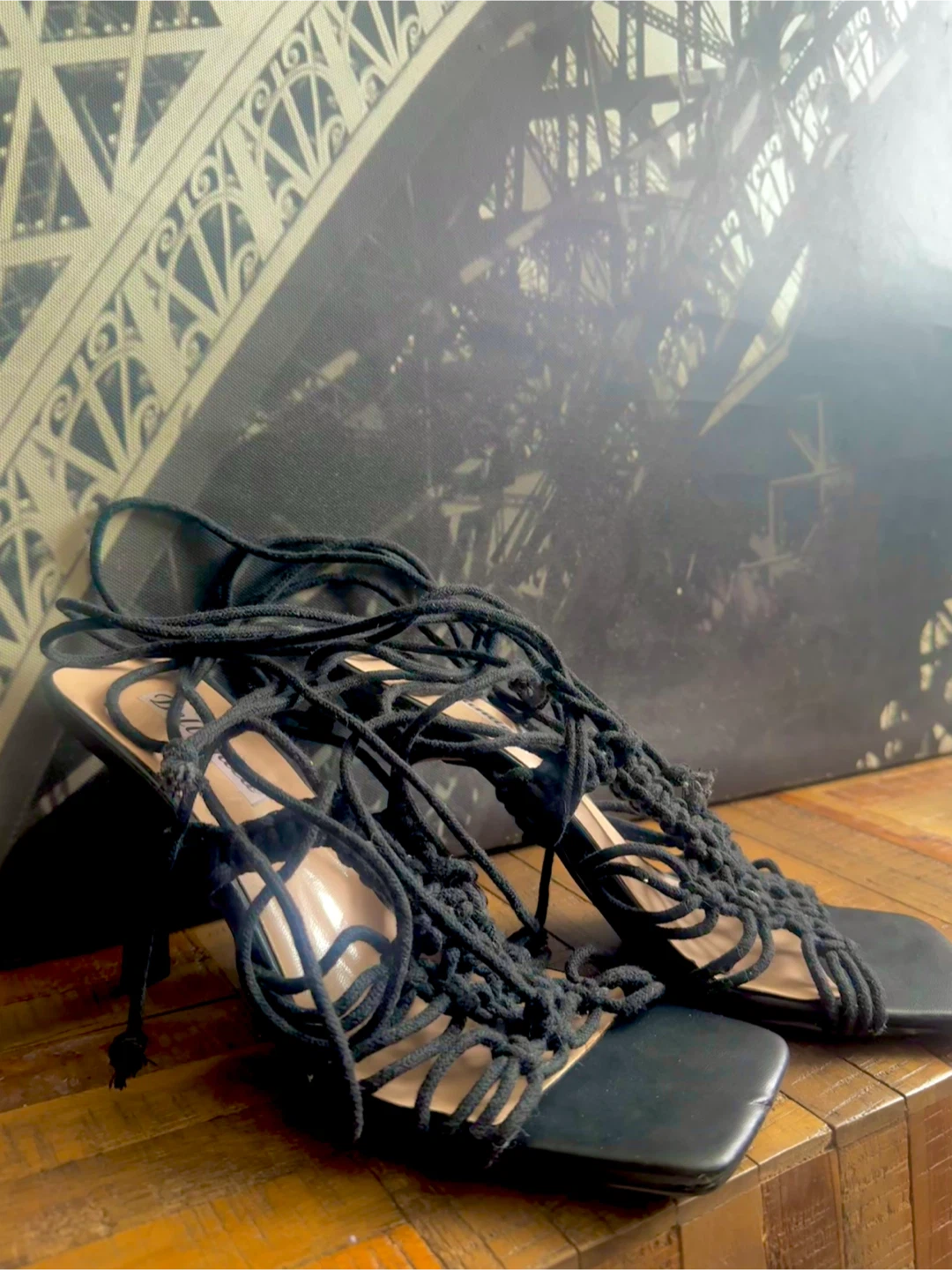 Black Macrame Lace-Up Heeled Sandals