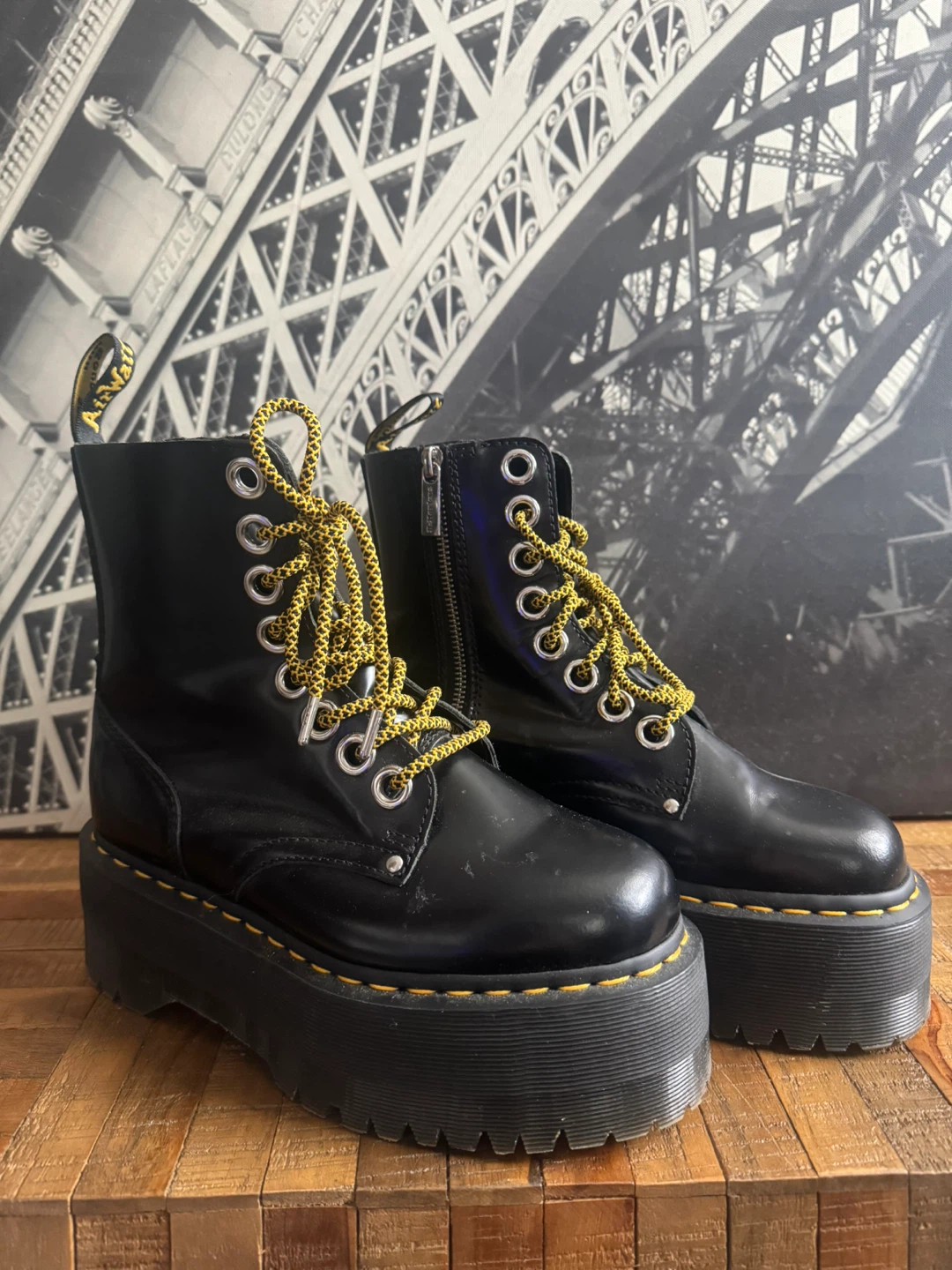 Dr. Martens Black Platform Boots with Yellow Laces Size 7