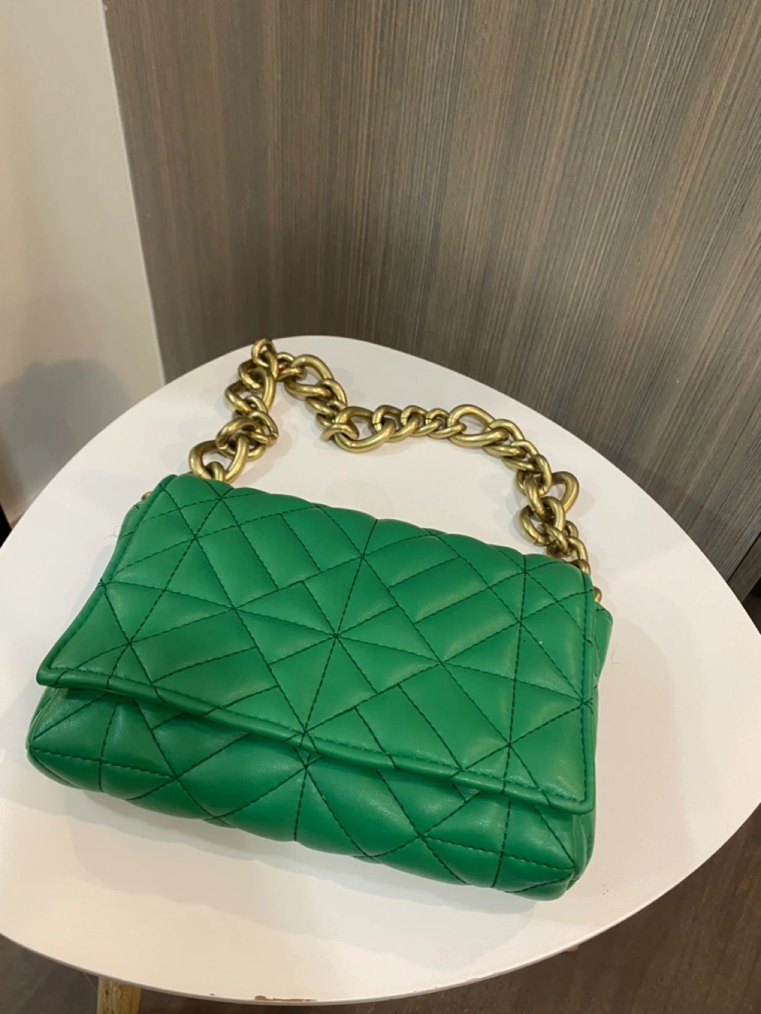 Green Quilted Handbag with Gold Chain