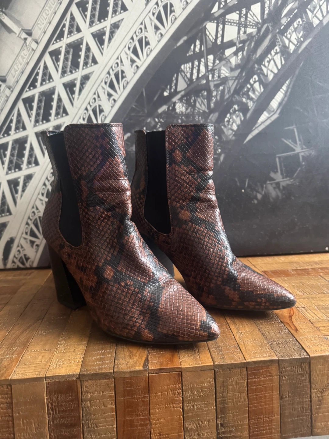Brown Snake Print Heeled Ankle Boots
