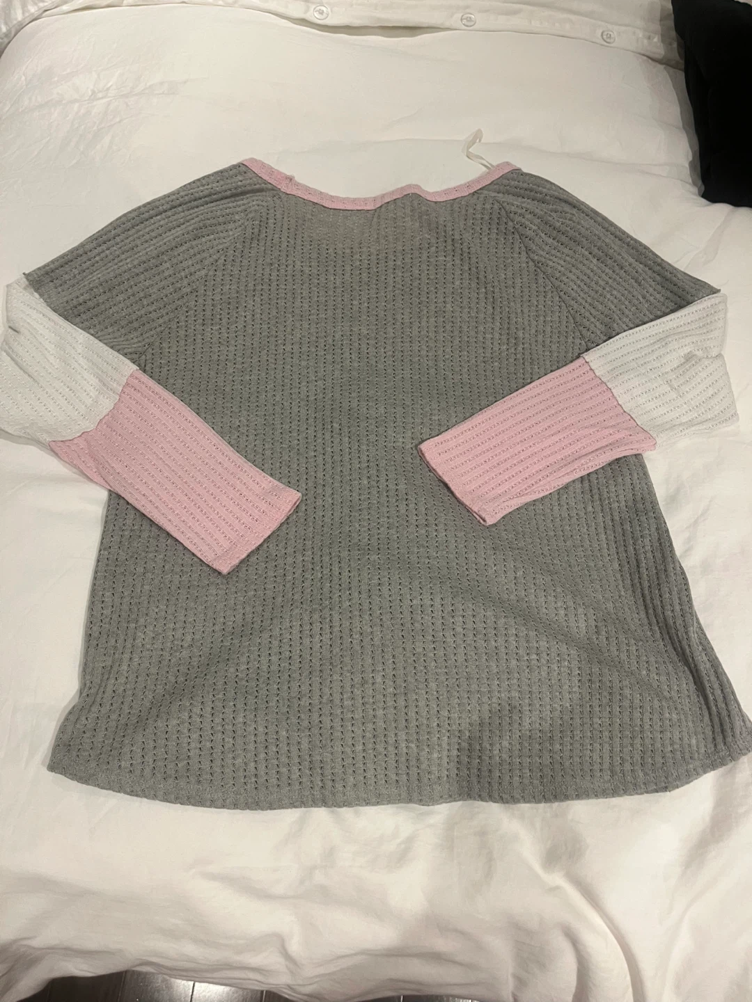 Women's Grey Pink White Waffle Knit Long Sleeve Top - photo 2