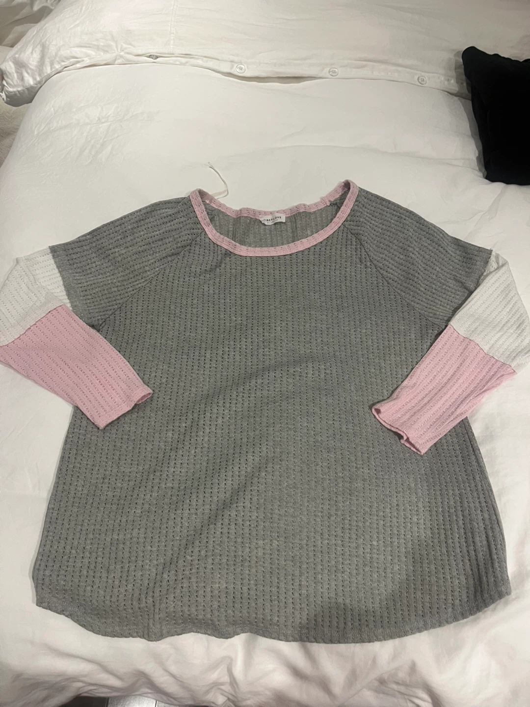 Women's Grey Pink White Waffle Knit Long Sleeve Top