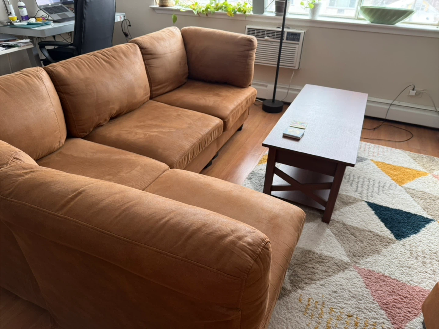 Brown Artificial Suede Sectional Sofa with Ottomans