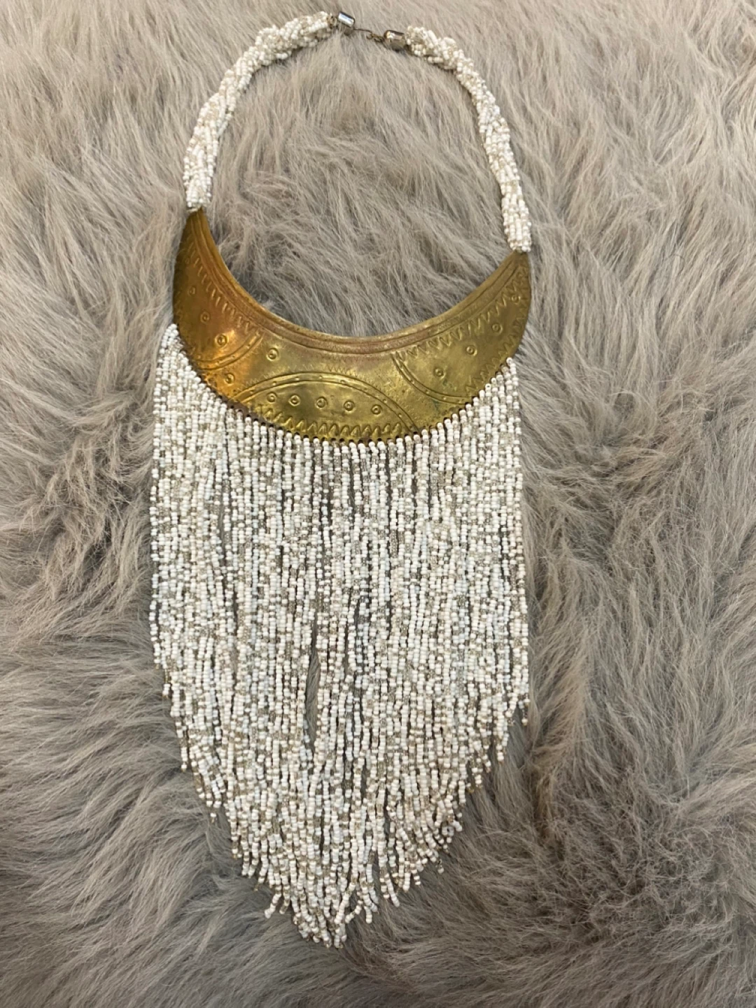 White Beaded Statement Necklace with Brass Accent