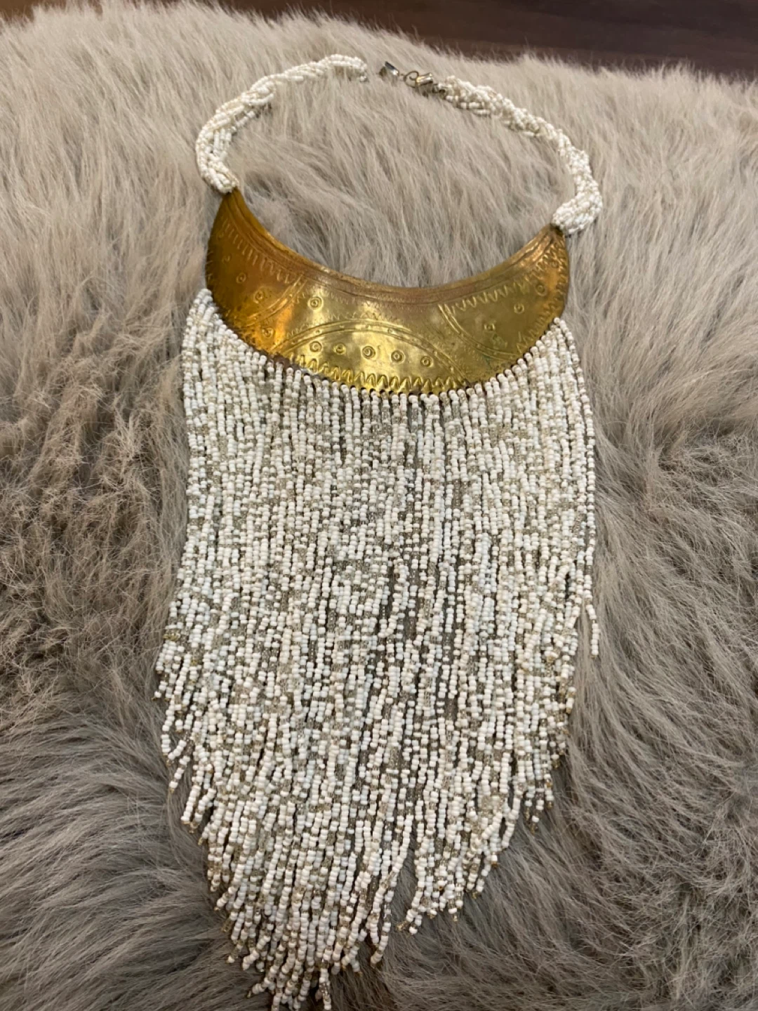White Beaded Statement Necklace with Brass Accent - photo 3