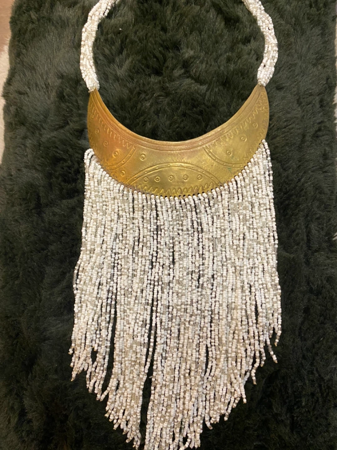 White Beaded Statement Necklace with Brass Accent - photo 2