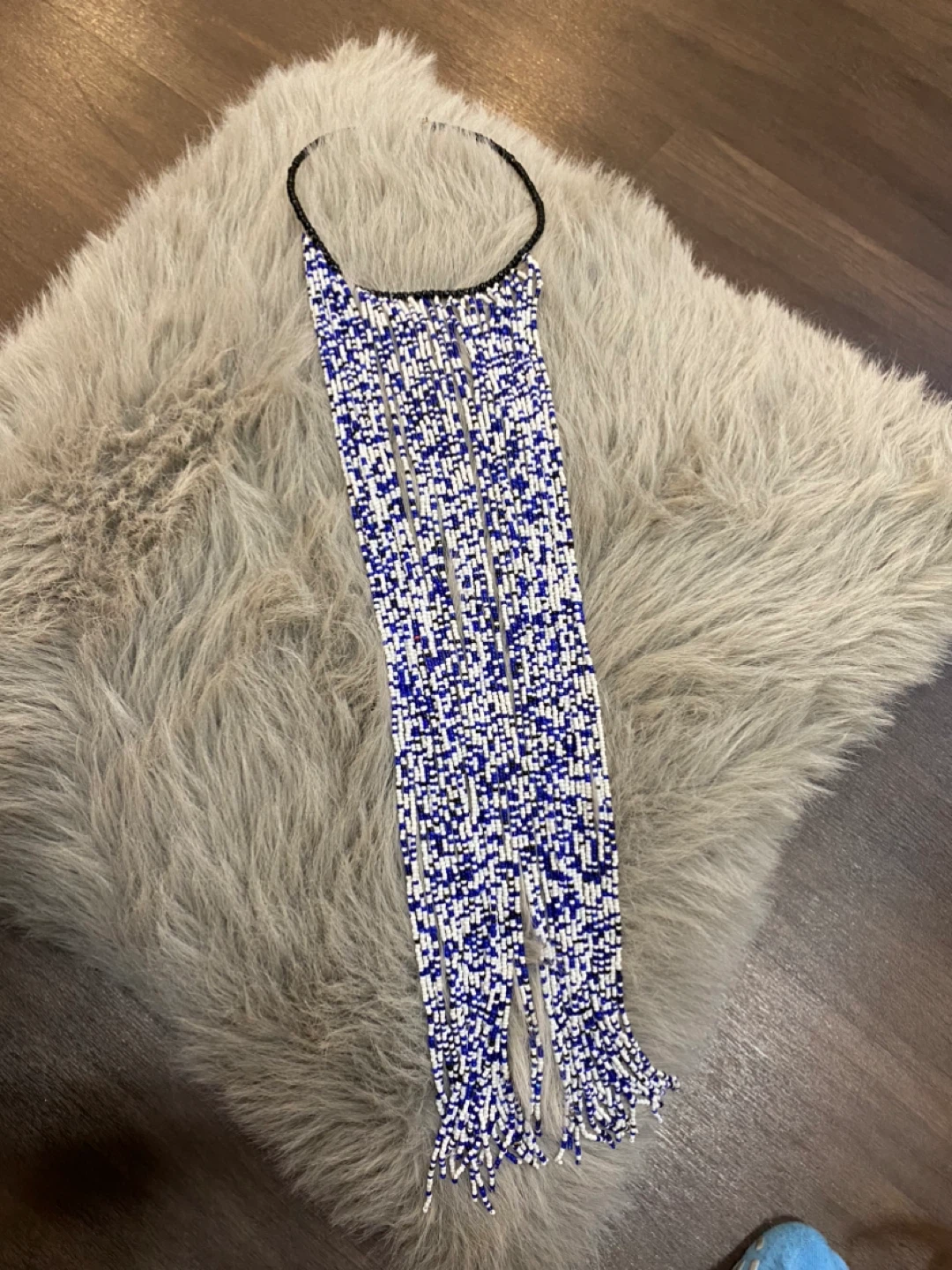 Blue and White Beaded Tassel Necklace