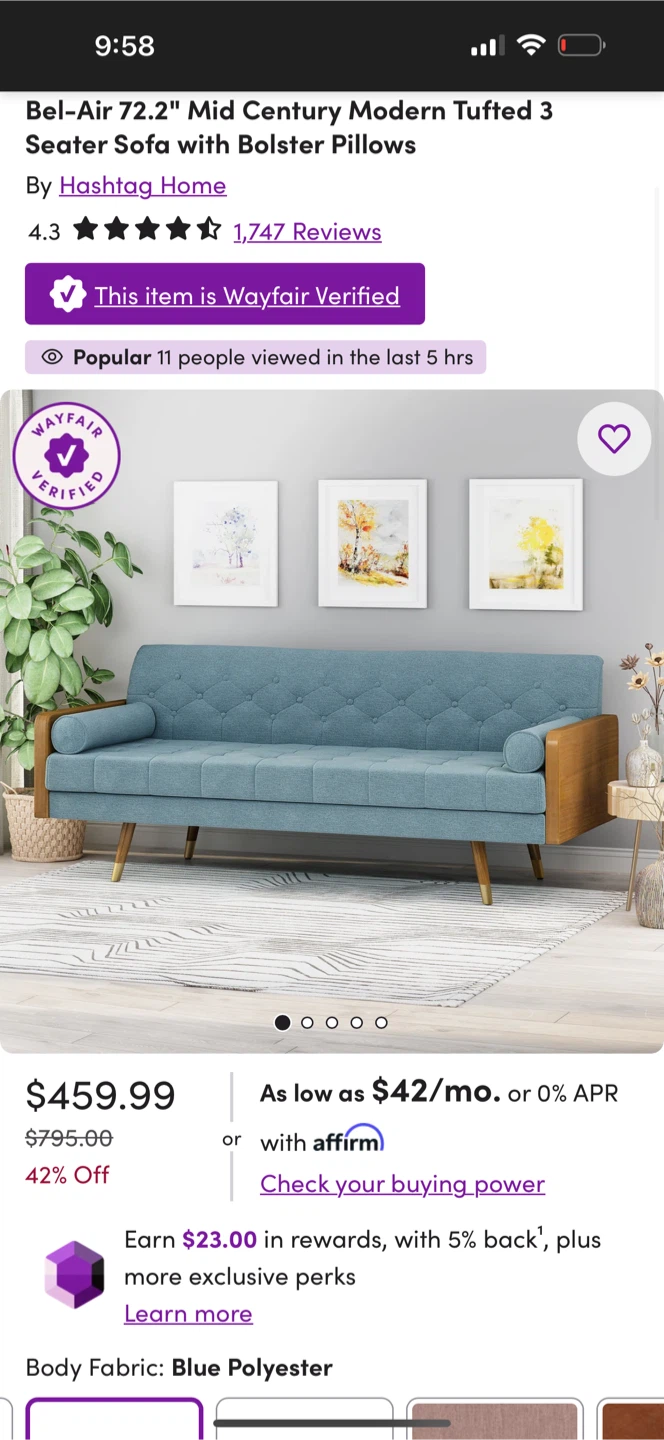 Hashtag Home Bel-Air Mid Century Tufted 3 Seater Sofa - photo 2