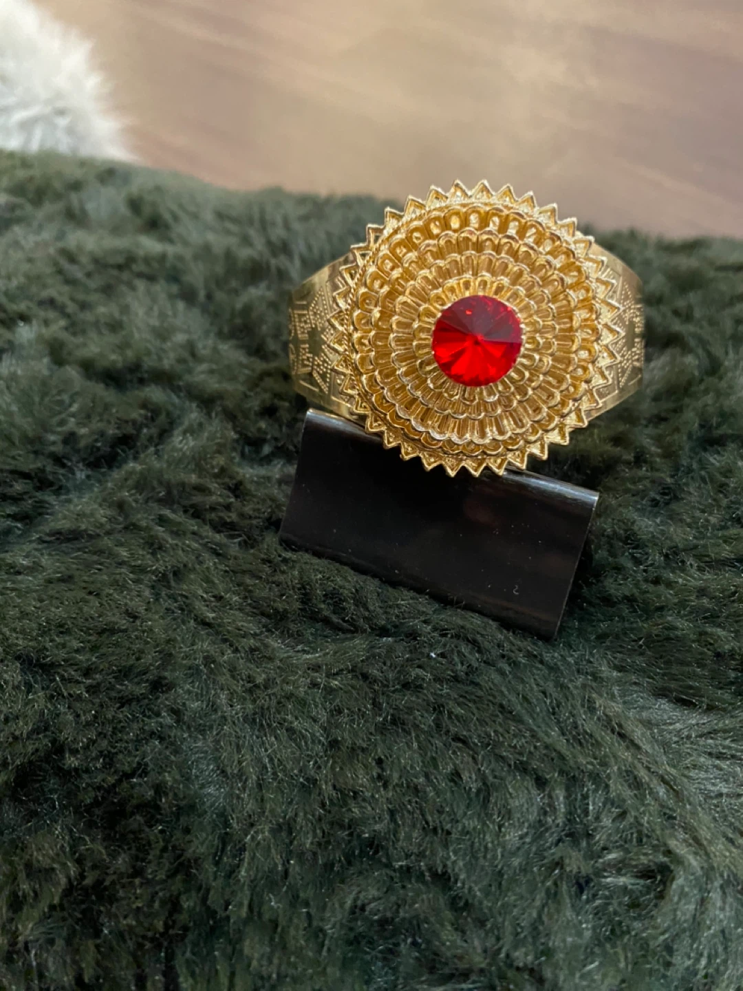 Gold Tone Cuff Bracelet with Red Jewel Accent - photo 2